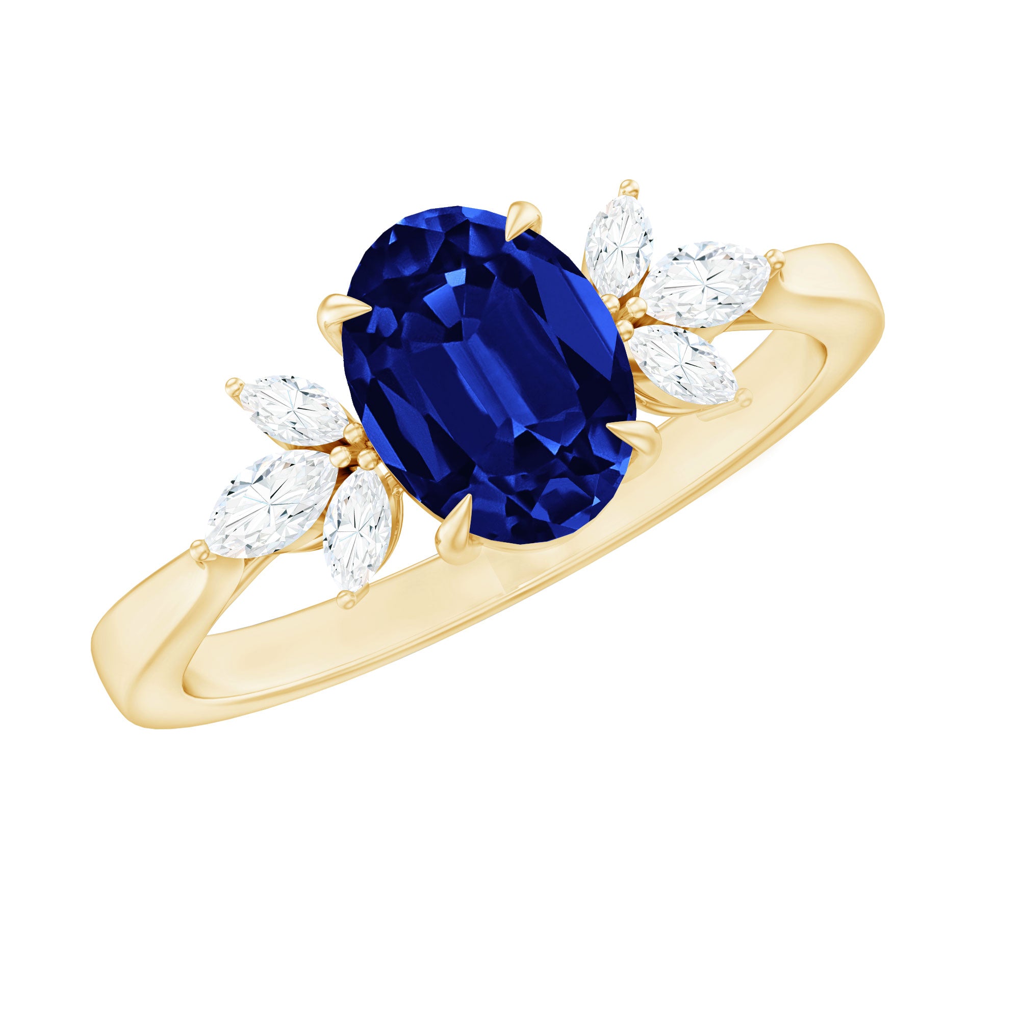 Certified 1.5 Carat Oval Lab Grown Blue Sapphire Engagement Ring with Diamond Trio AAAA - Rosec Jewels