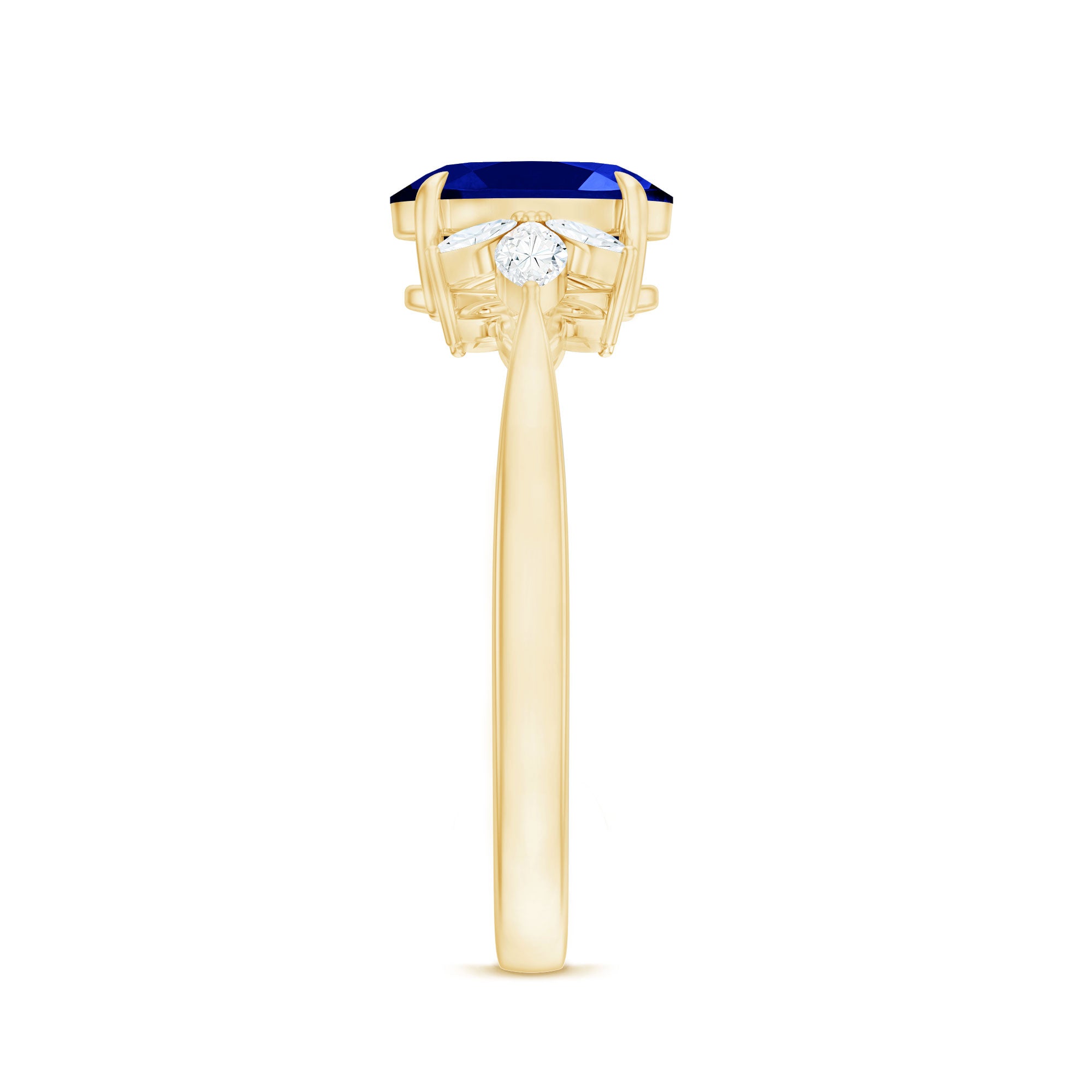 Certified 1.5 Carat Oval Lab Grown Blue Sapphire Engagement Ring with Diamond Trio AAAA - Rosec Jewels