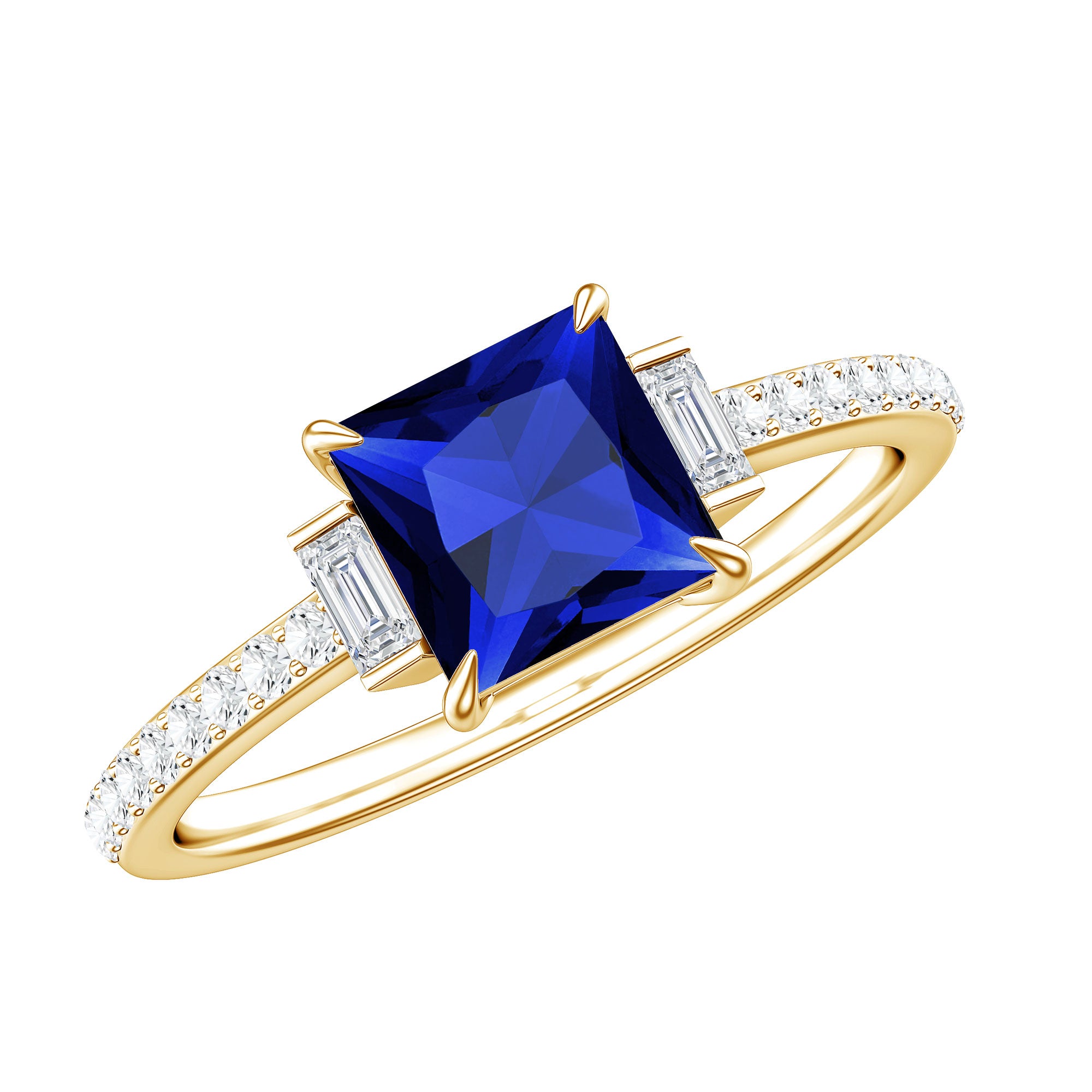 Rosec Jewels-Princess Cut Created Blue Sapphire Solitaire Engagement Ring With Moissanite