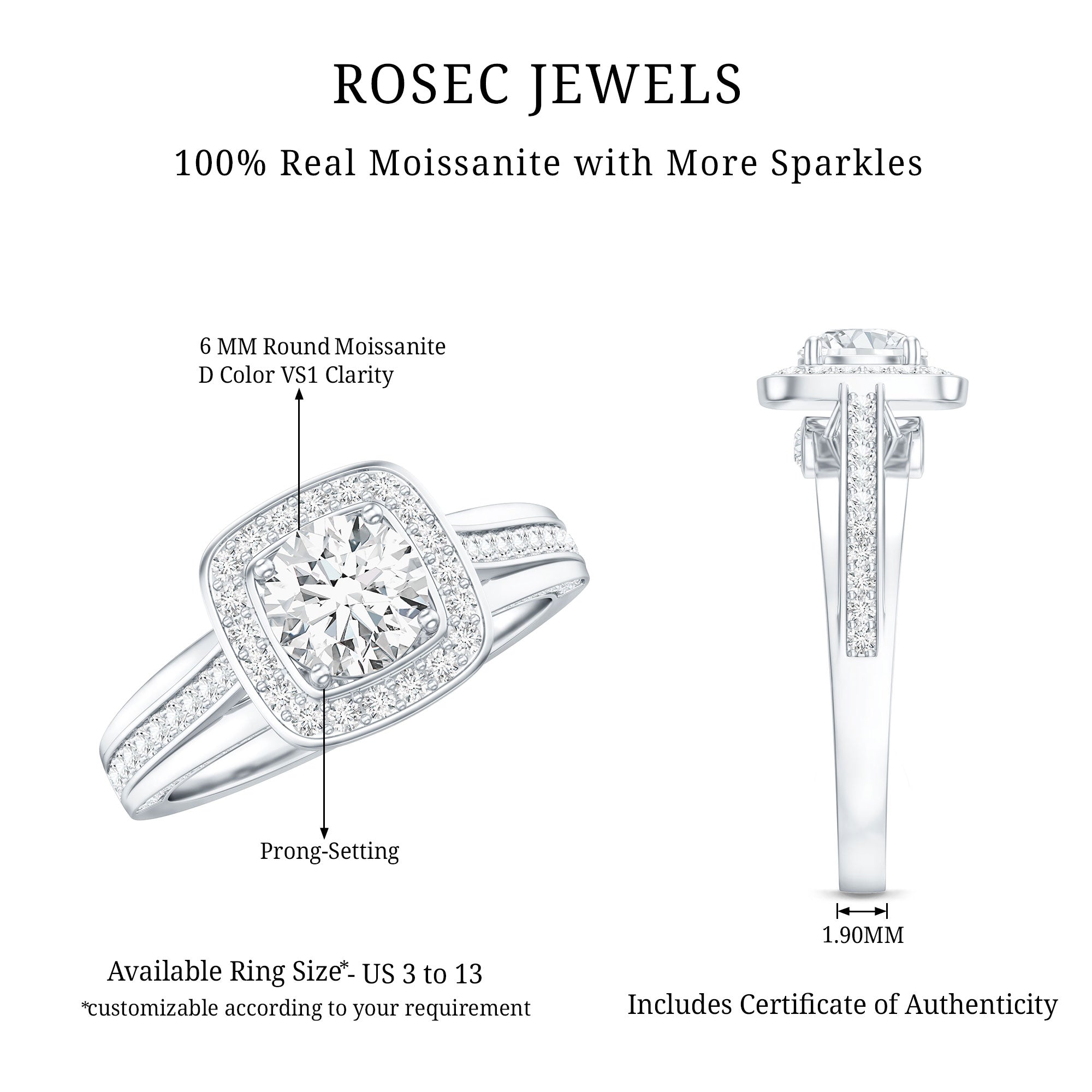 Classic Moissanite Halo Engagement Ring with Certificate D-VS1 - Rosec Jewels