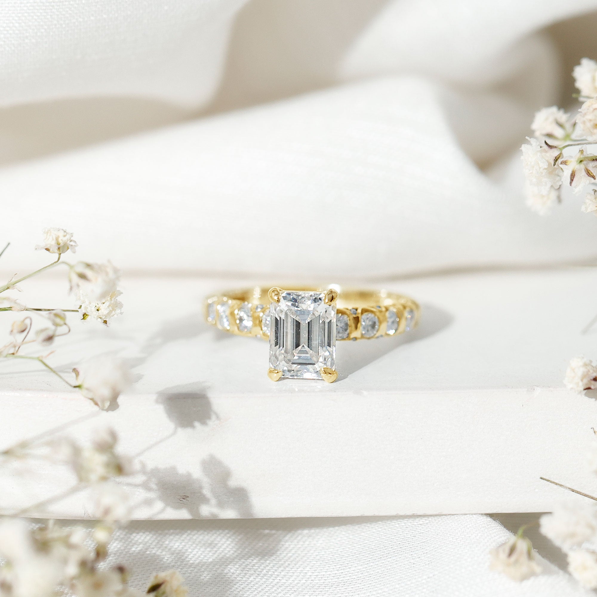 Rosec Jewels-Octagon Moissanite Solitaire Engagement Ring with Side Stones