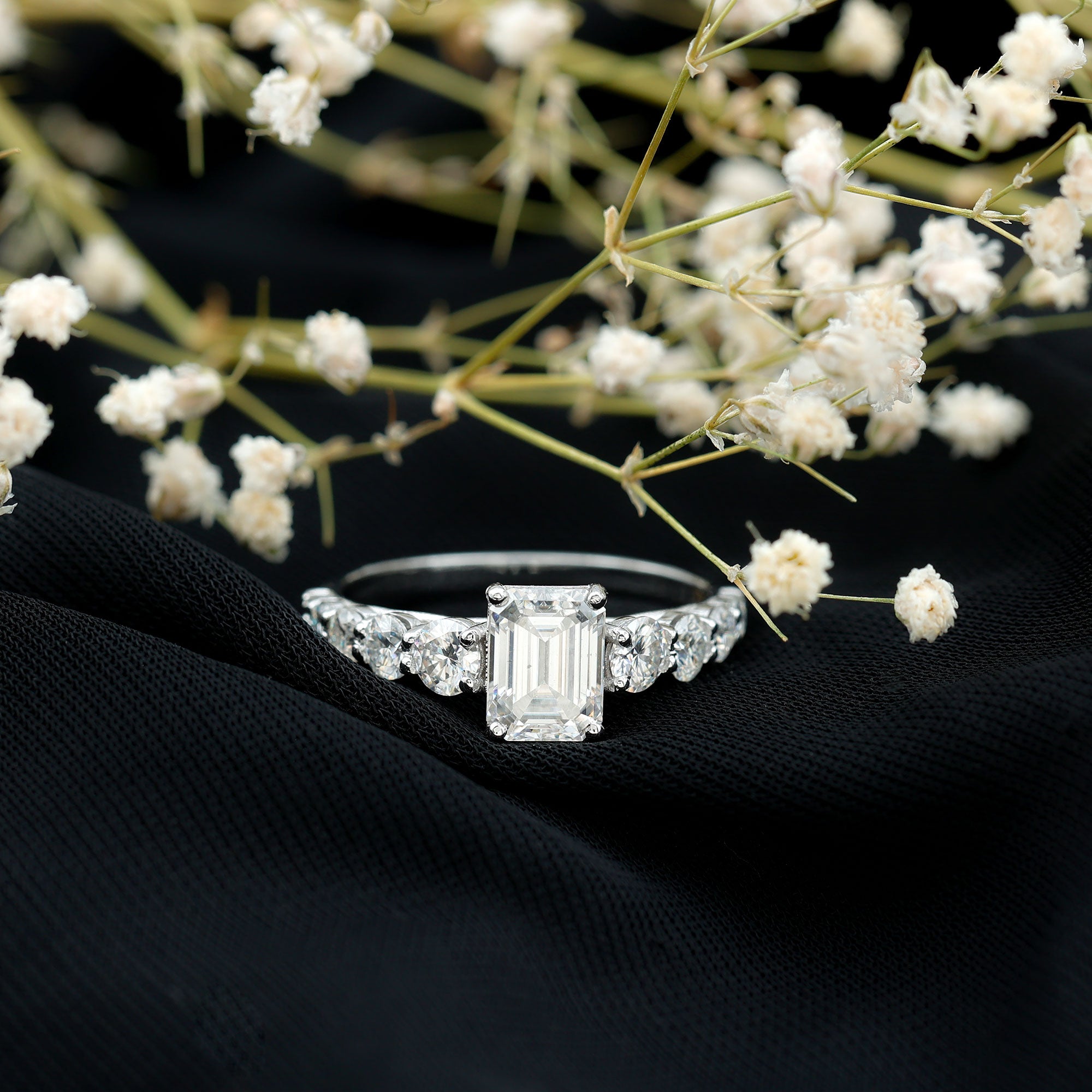 3.5 CT Octagon Cut Moissanite Solitaire Ring with Side Stones D-VS1 - Rosec Jewels