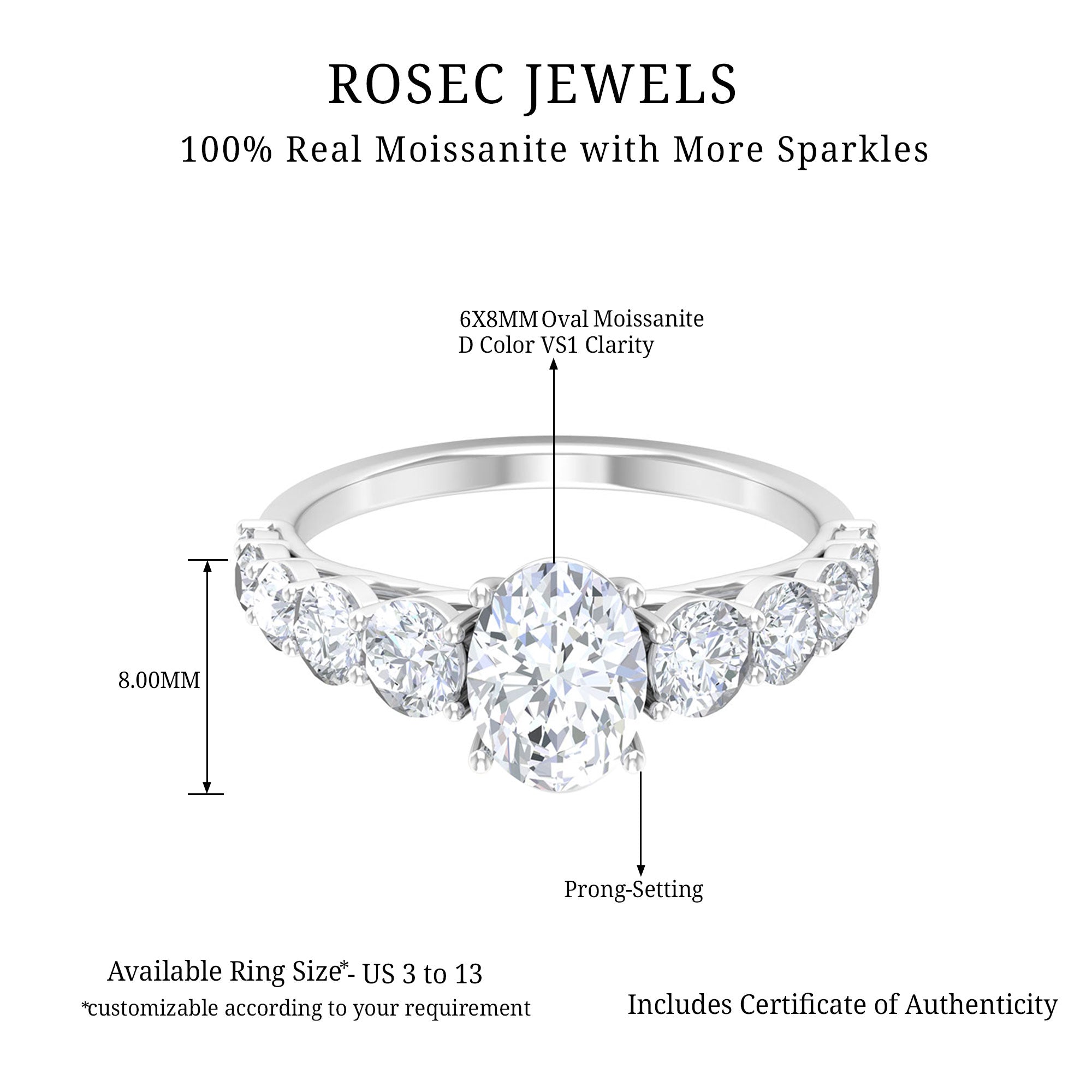 2.75 CT Oval Cut Moissanite Solitaire Ring with Side Stones Moissanite - ( D-VS1 ) - Color and Clarity - Rosec Jewels