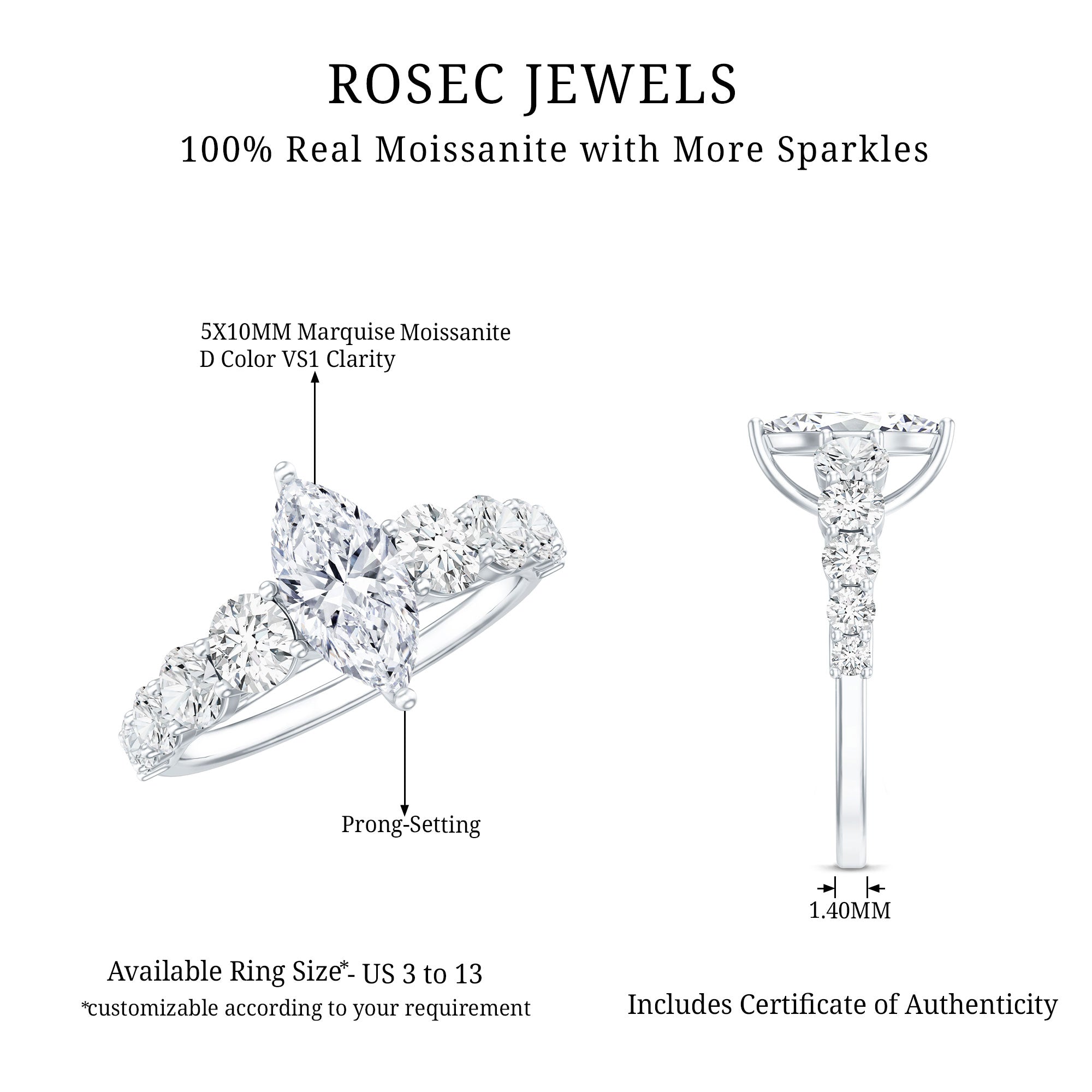 Rosec Jewels-Marquise Moissanite Engagement Ring With Side Stones