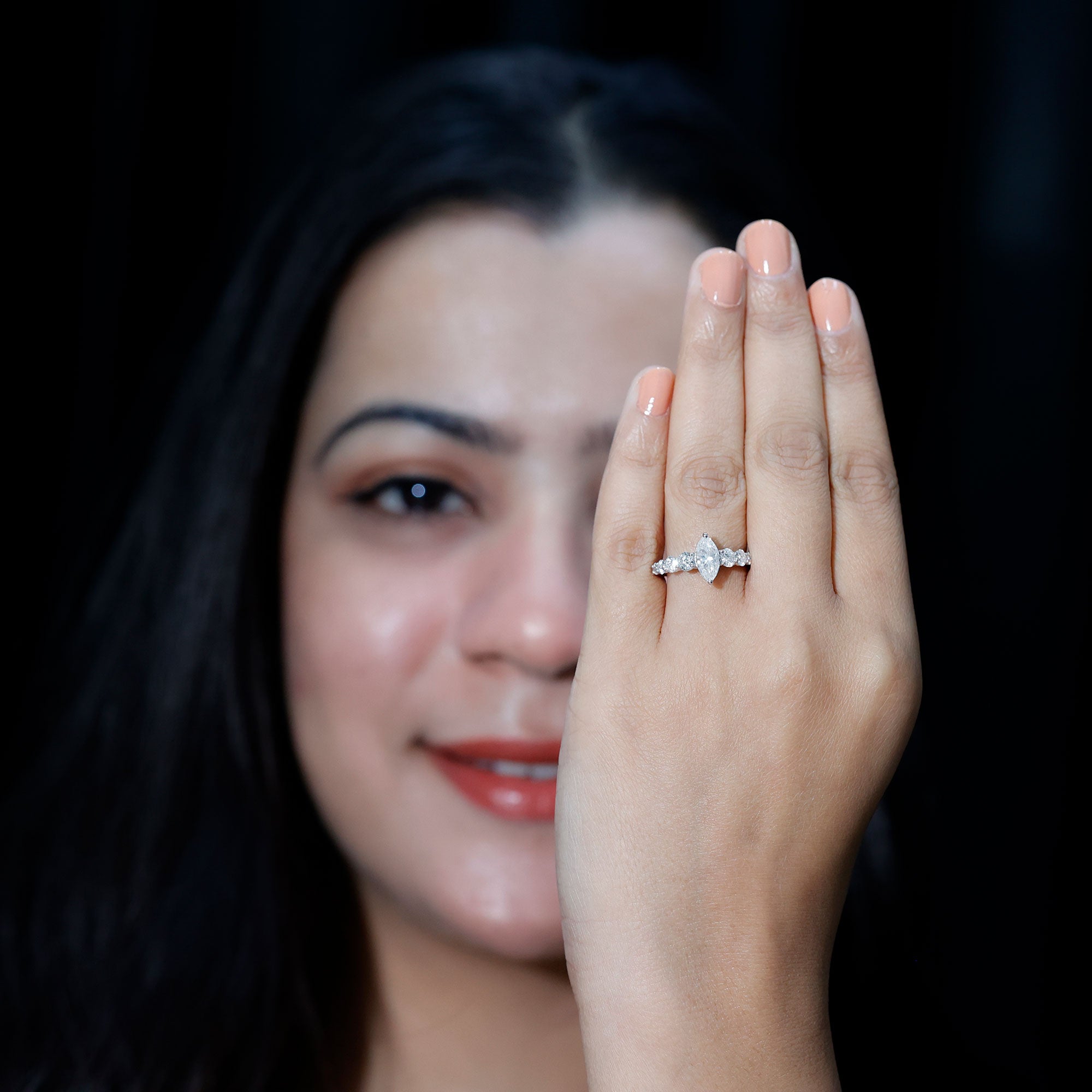 Rosec Jewels-Marquise Moissanite Engagement Ring With Side Stones