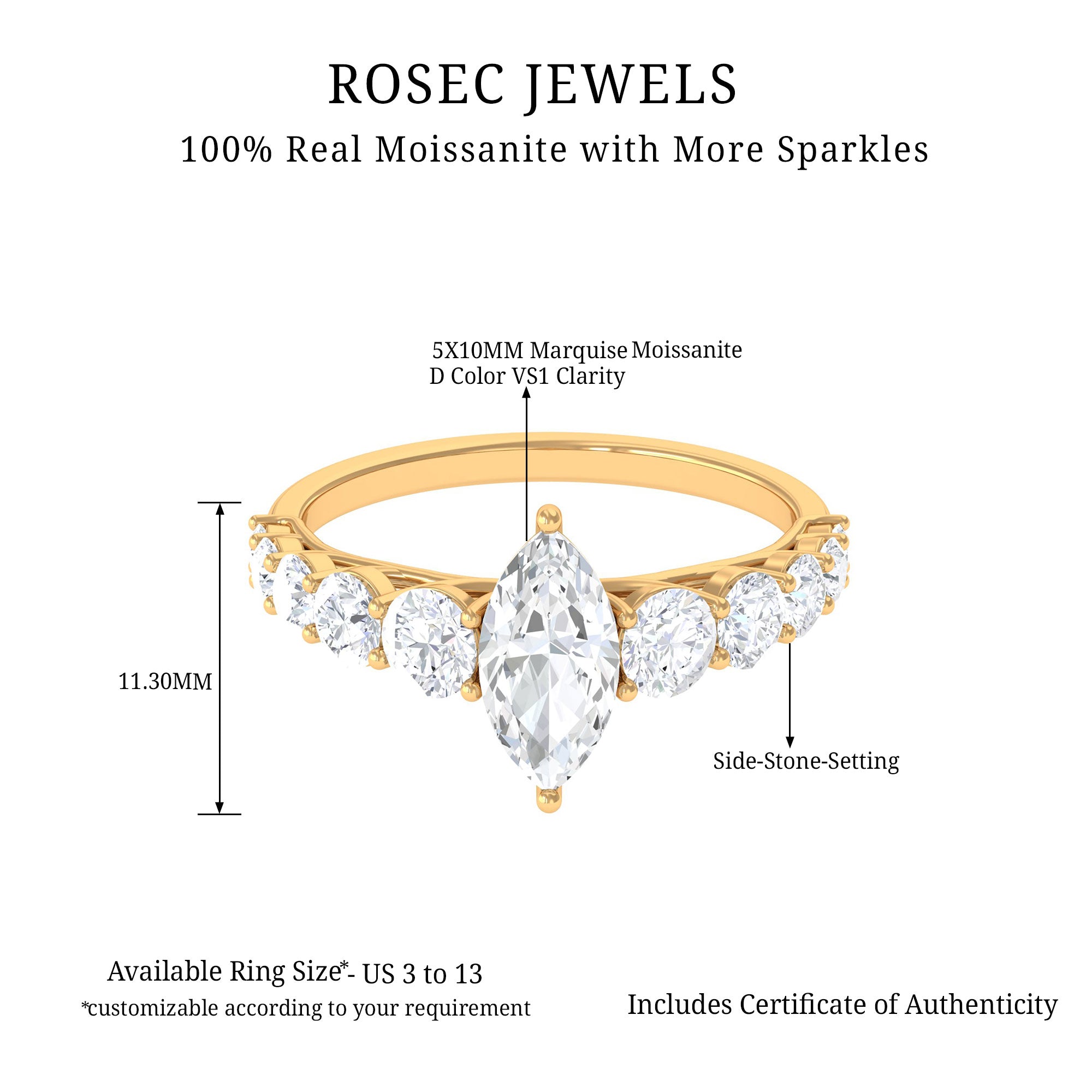 2.5 CT Marquise Moissanite Engagement Ring with Side Stones Moissanite - ( D-VS1 ) - Color and Clarity - Rosec Jewels