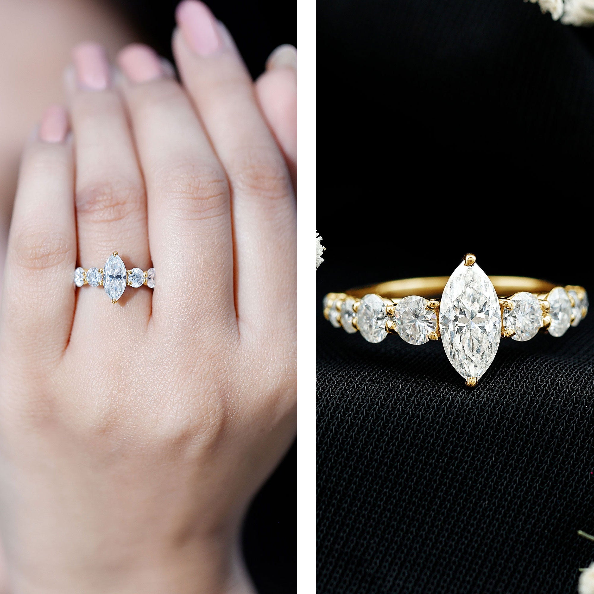 Rosec Jewels-Marquise Moissanite Engagement Ring With Side Stones