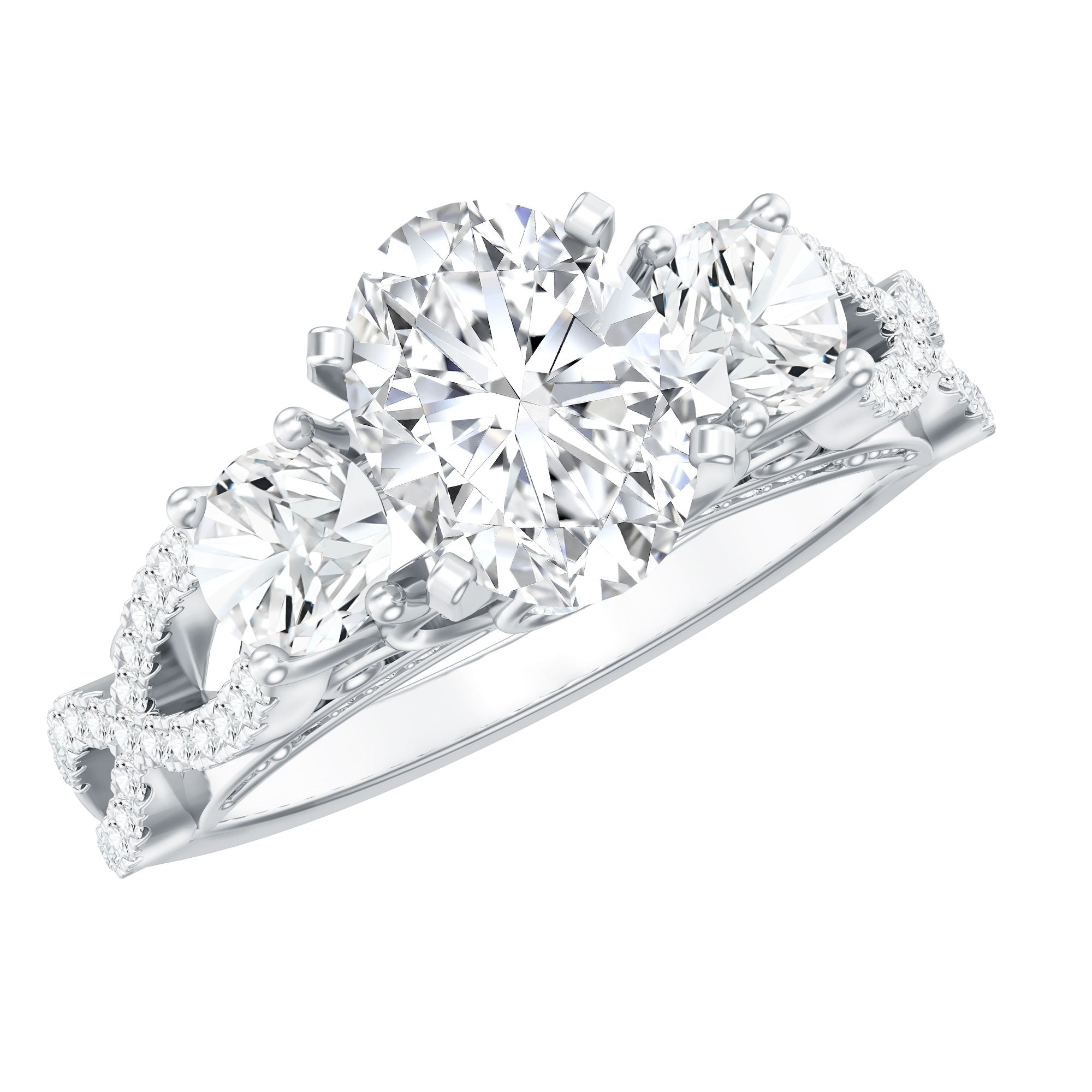 Certified Moissanite Three Stone Engagement Ring with Crossover Shank D-VS1 - Rosec Jewels