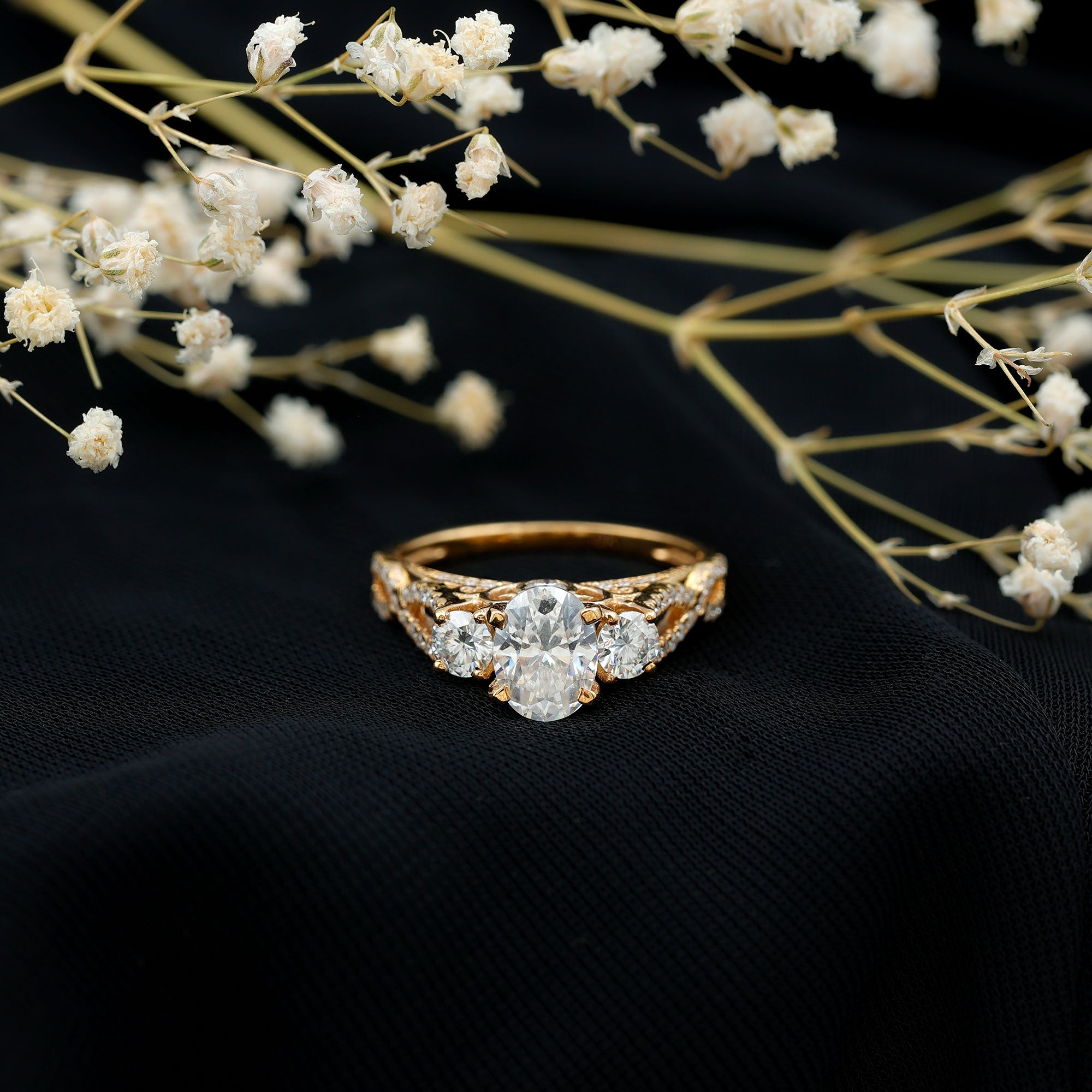 Certified Moissanite Three Stone Engagement Ring with Crossover Shank D-VS1 - Rosec Jewels