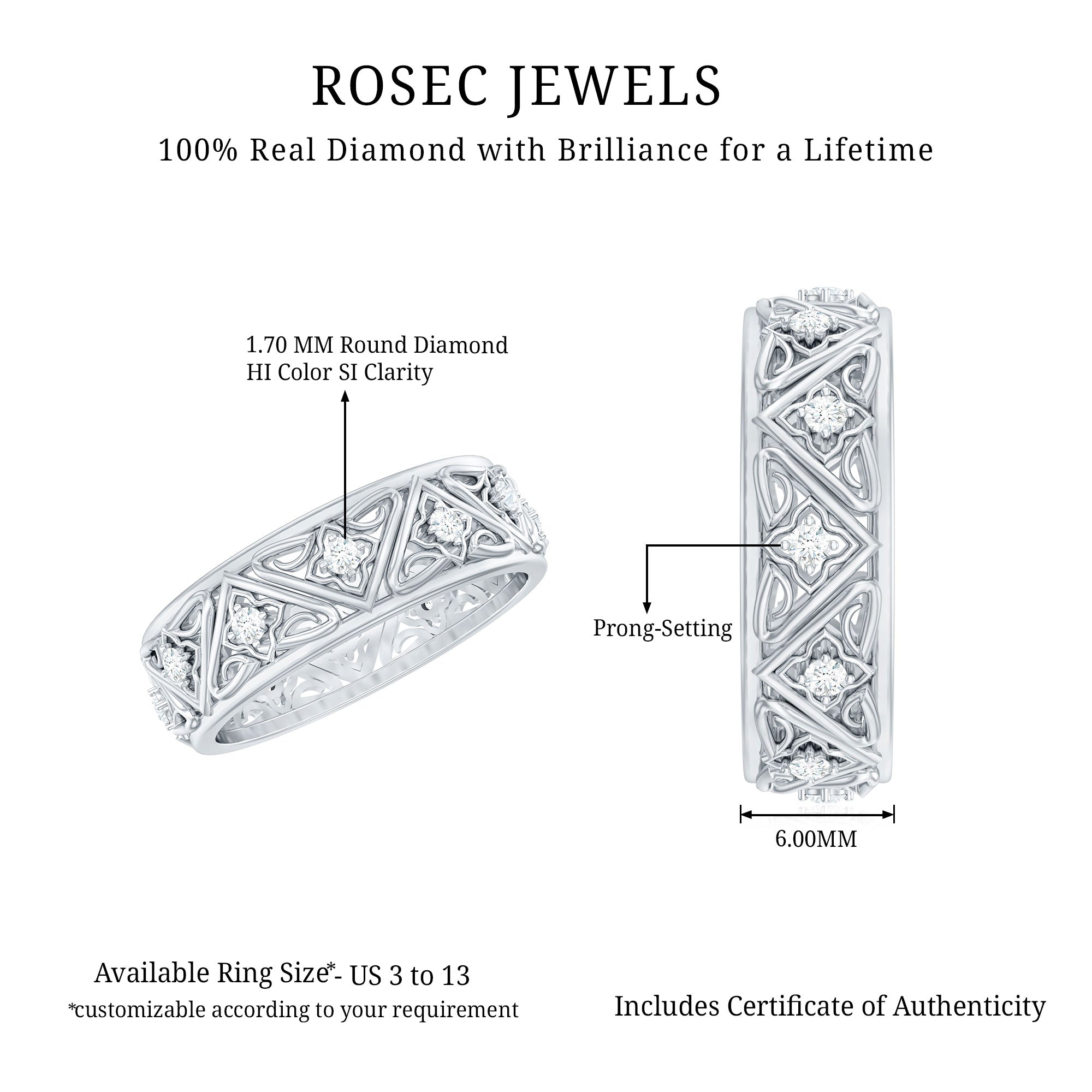 Rosec Jewels-Vintage Style Diamond Wedding Band Ring