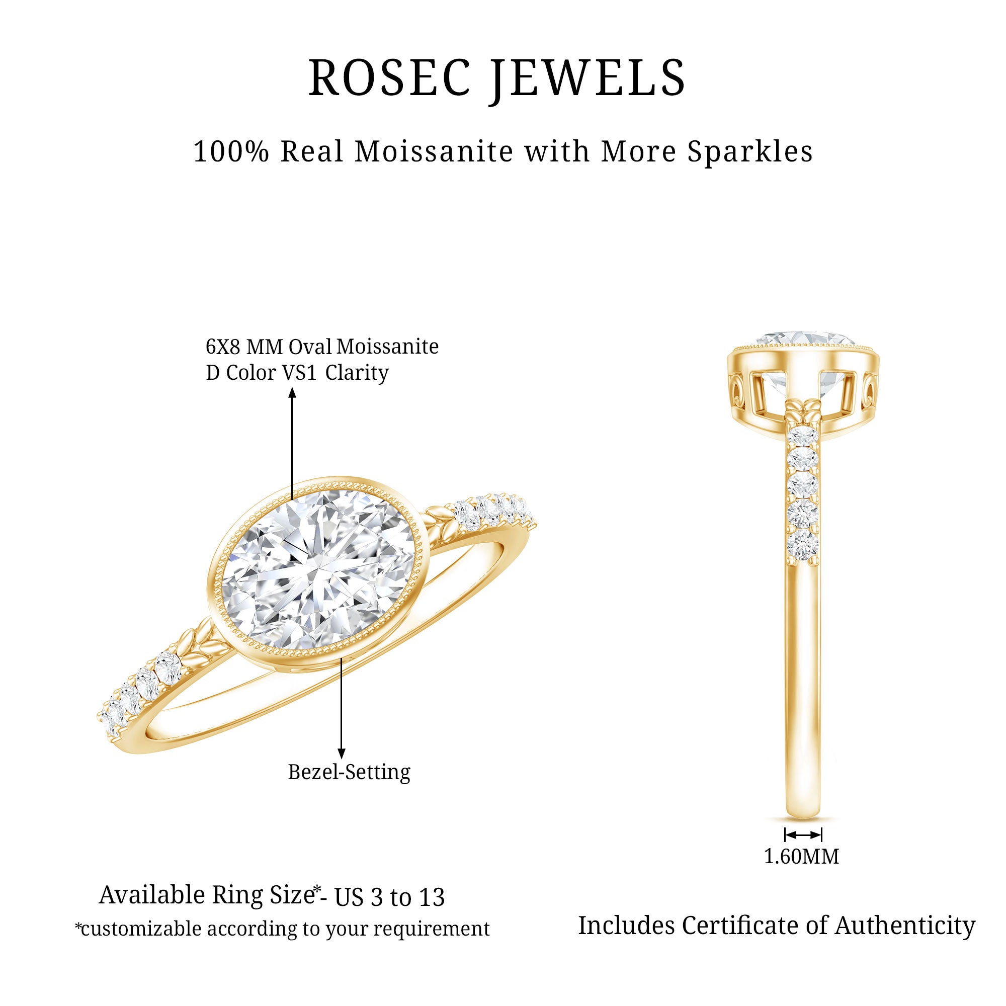 Rosec Jewels-Moissanite East West Engagement Ring in Bezel Setting