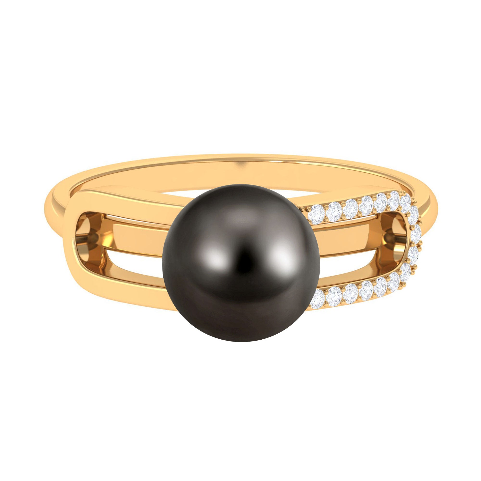 Rosec Jewels-Split Shank Tahitian Pearl Solitaire Engagement Ring with Diamond
