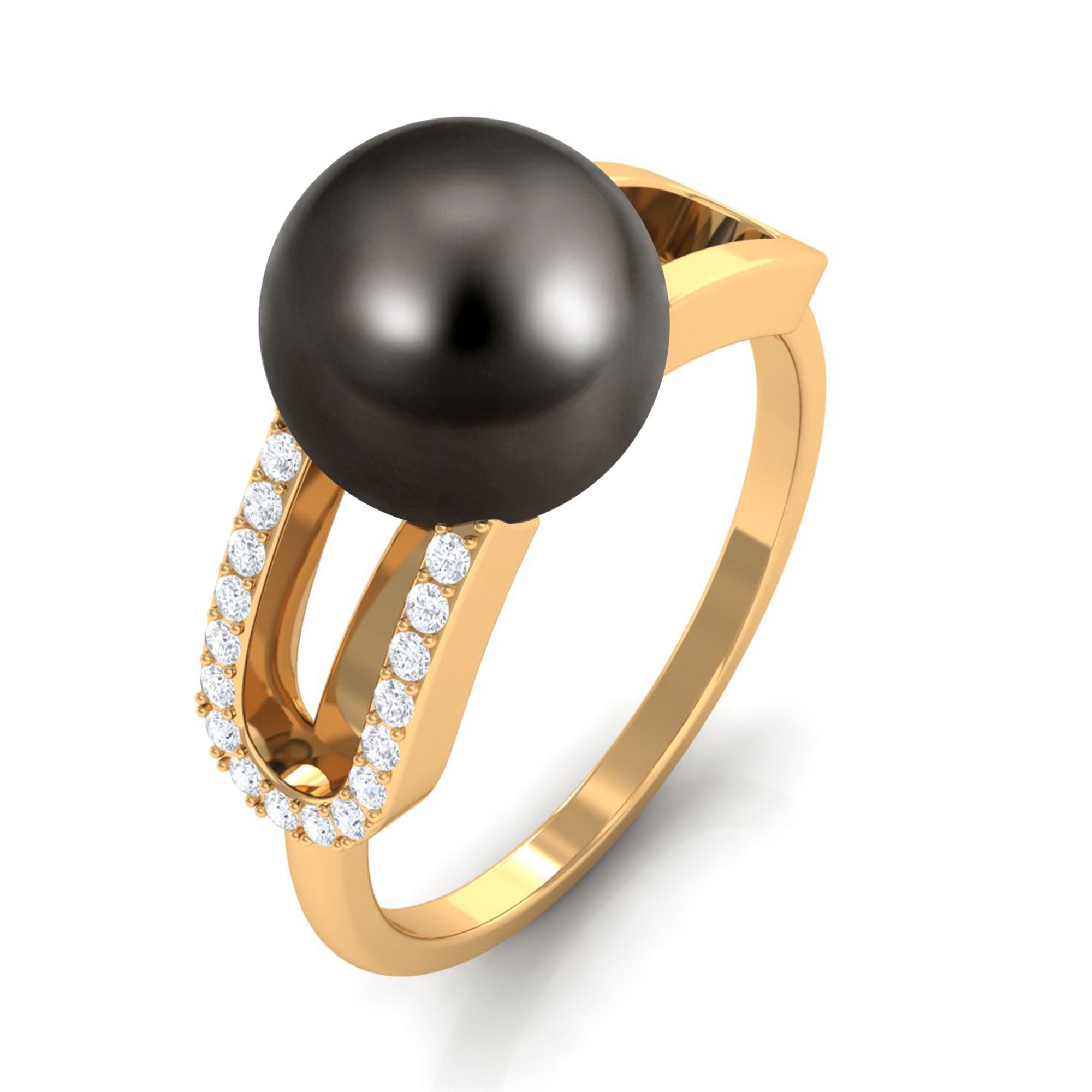 Rosec Jewels-Split Shank Tahitian Pearl Solitaire Engagement Ring with Diamond