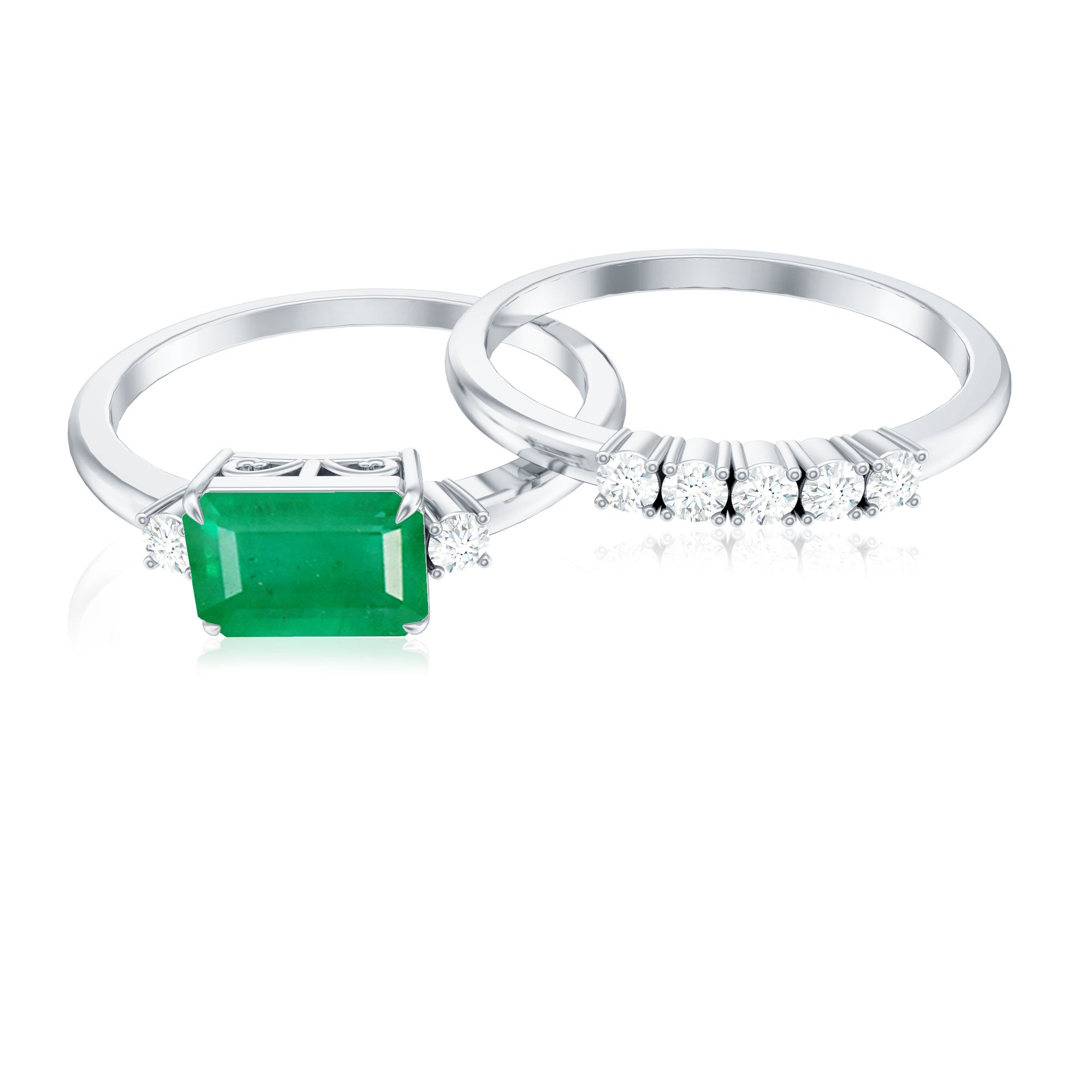 Rosec Jewels-Natural Emerald Cut Emerald Diamond East West Engagement Ring and Wedding Band Set