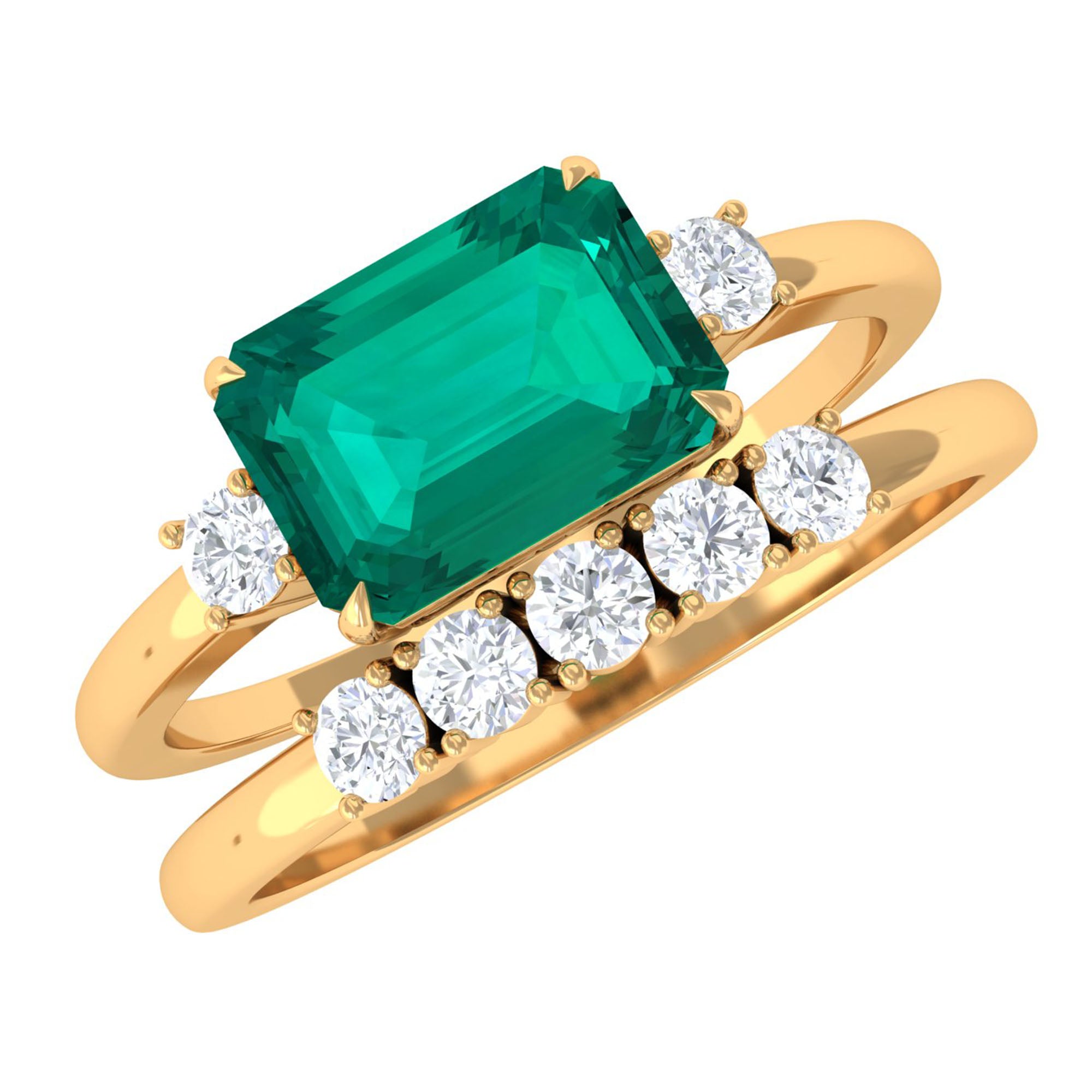 East West Emerald and Diamond Wedding Ring Set Emerald - ( AAA ) - Quality - Rosec Jewels