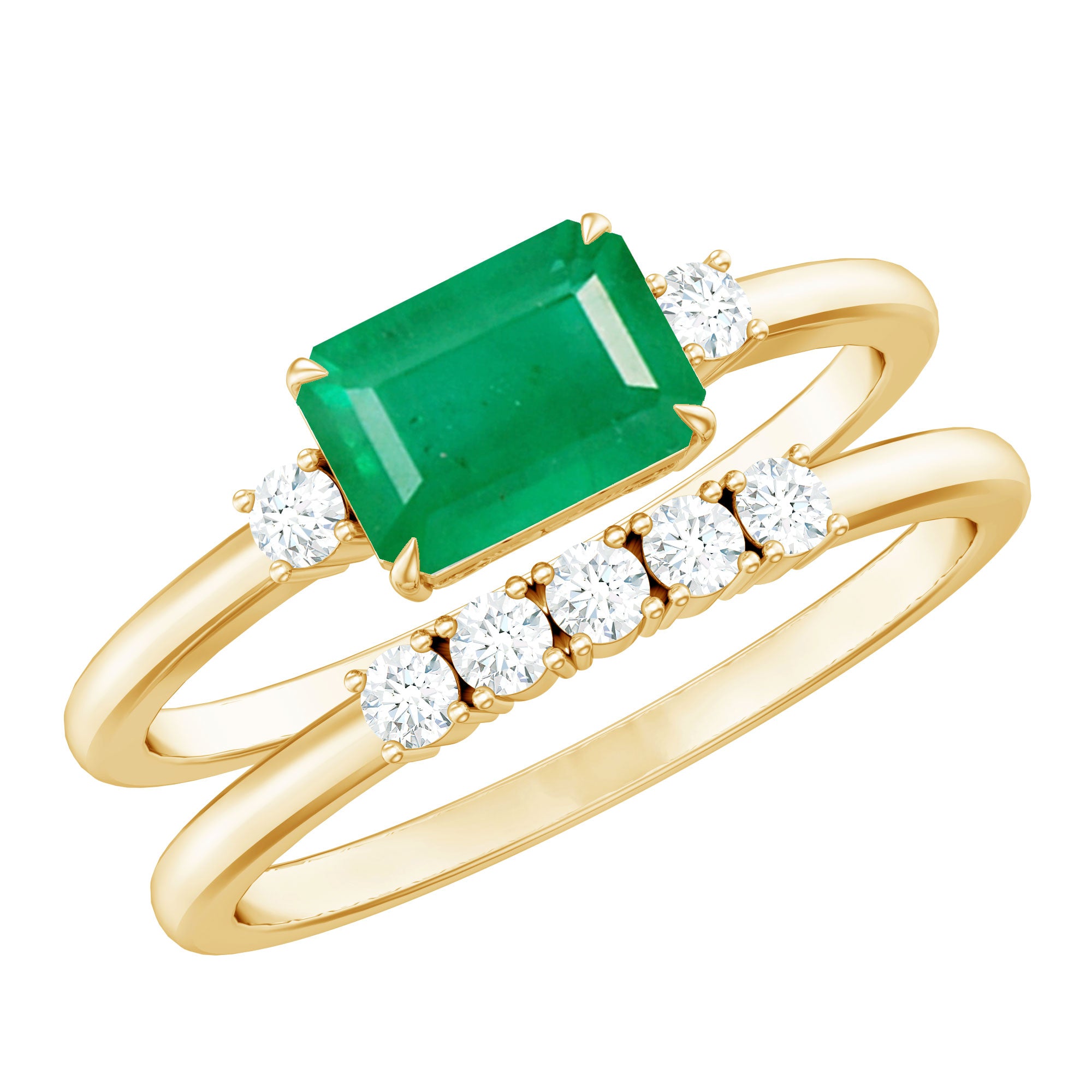 Rosec Jewels-Natural Emerald Cut Emerald Diamond East West Engagement Ring and Wedding Band Set