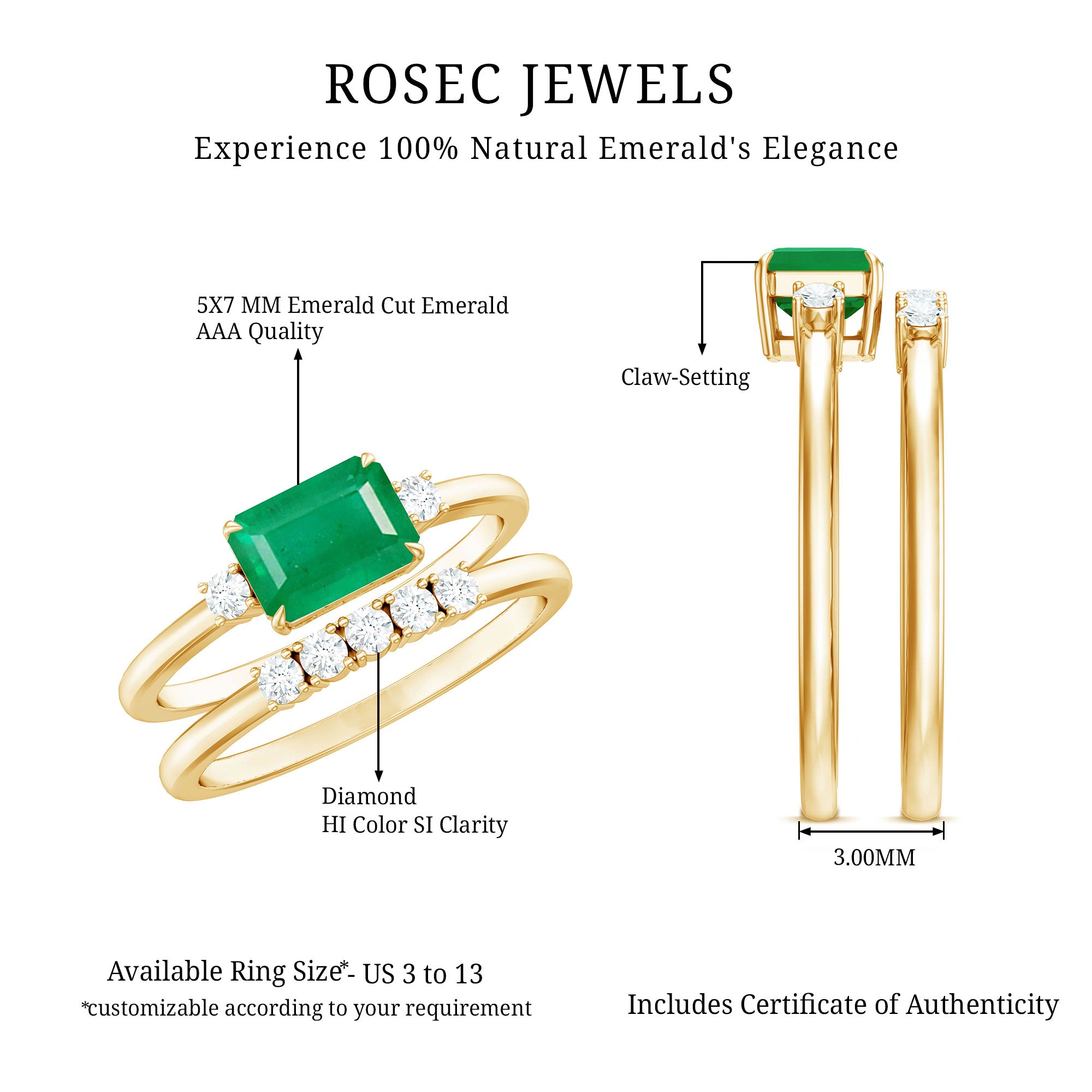Rosec Jewels-Natural Emerald Cut Emerald Diamond East West Engagement Ring and Wedding Band Set