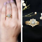 Certified Moissanite Lotus Flower Bridal Ring Set D-VS1 - Rosec Jewels
