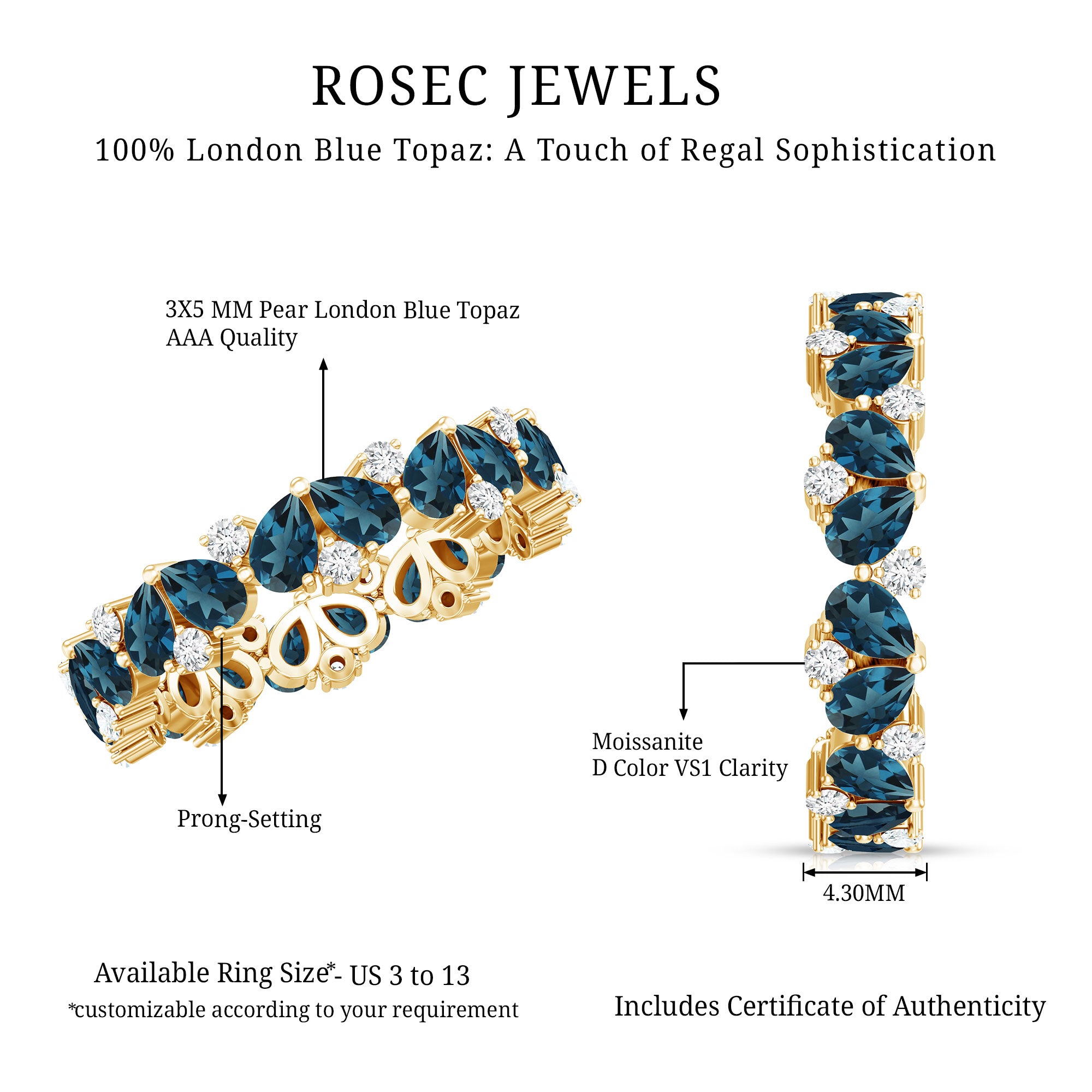 Rosec Jewels-Pear Shaped London Blue Topaz and Diamond Full Eternity Band