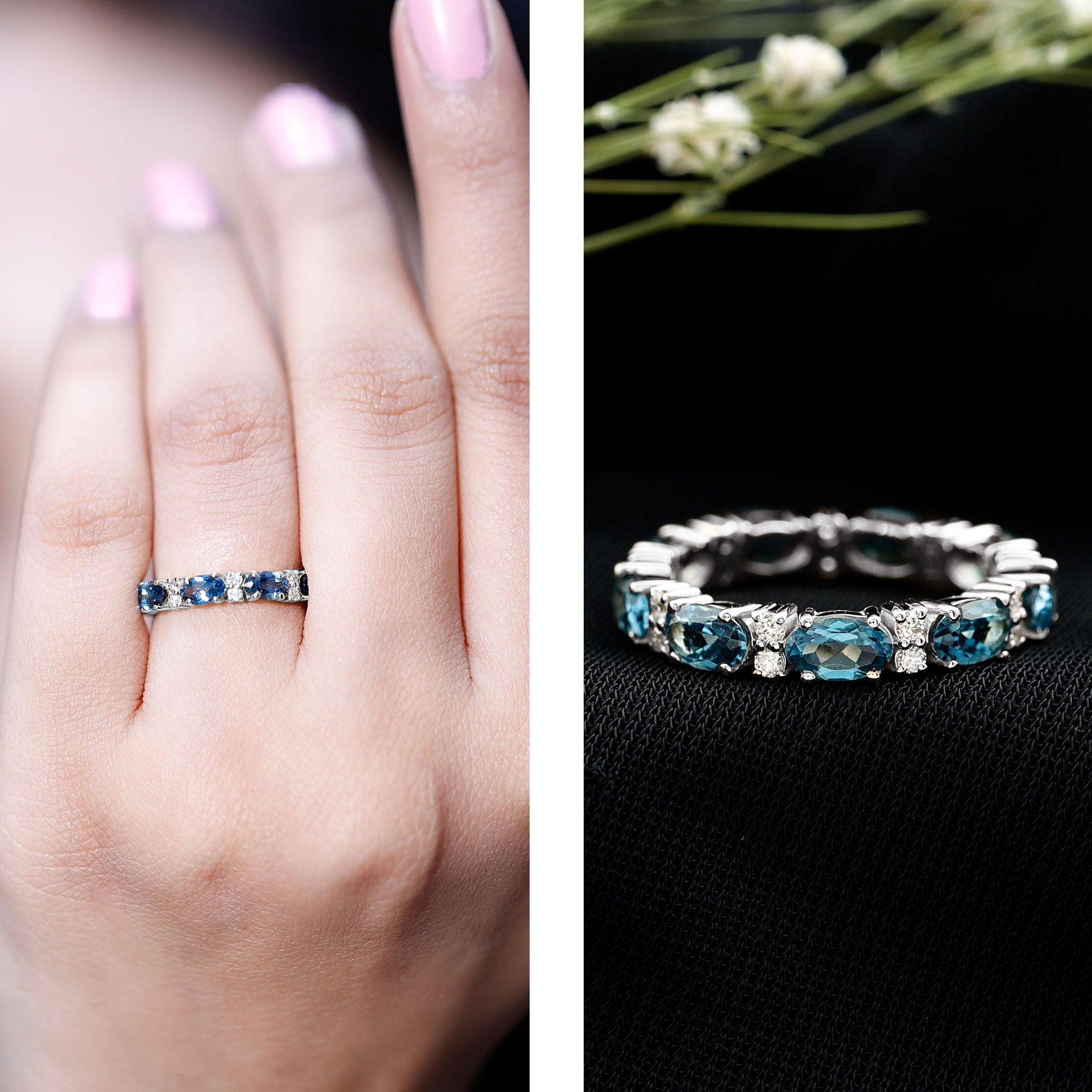 Oval Cut London Blue Topaz Full Eternity Band with Diamond AAA - Rosec Jewels