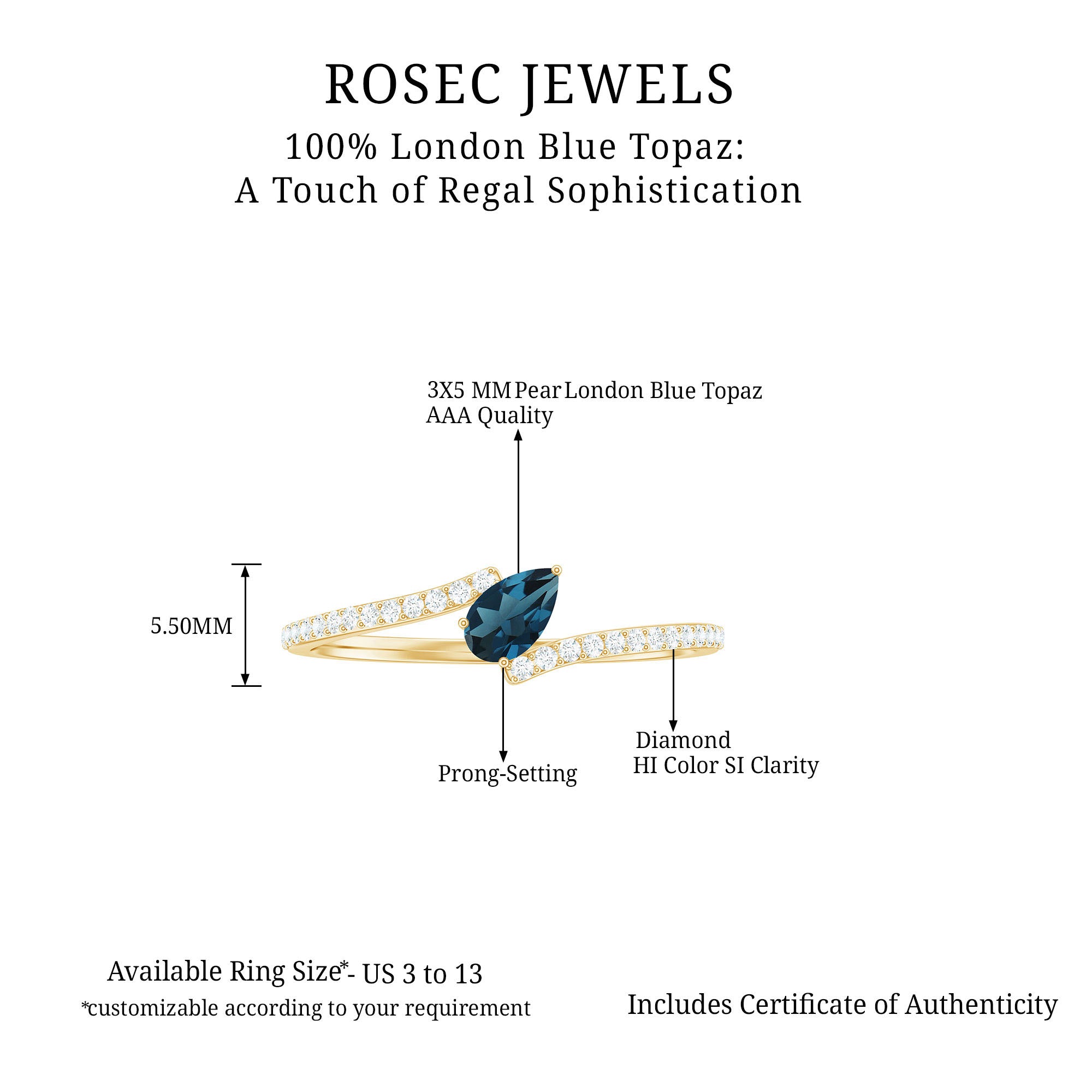 Tilted Pear Shape London Blue Topaz and Diamond Bypass Promise Ring London Blue Topaz - ( AAA ) - Quality - Rosec Jewels