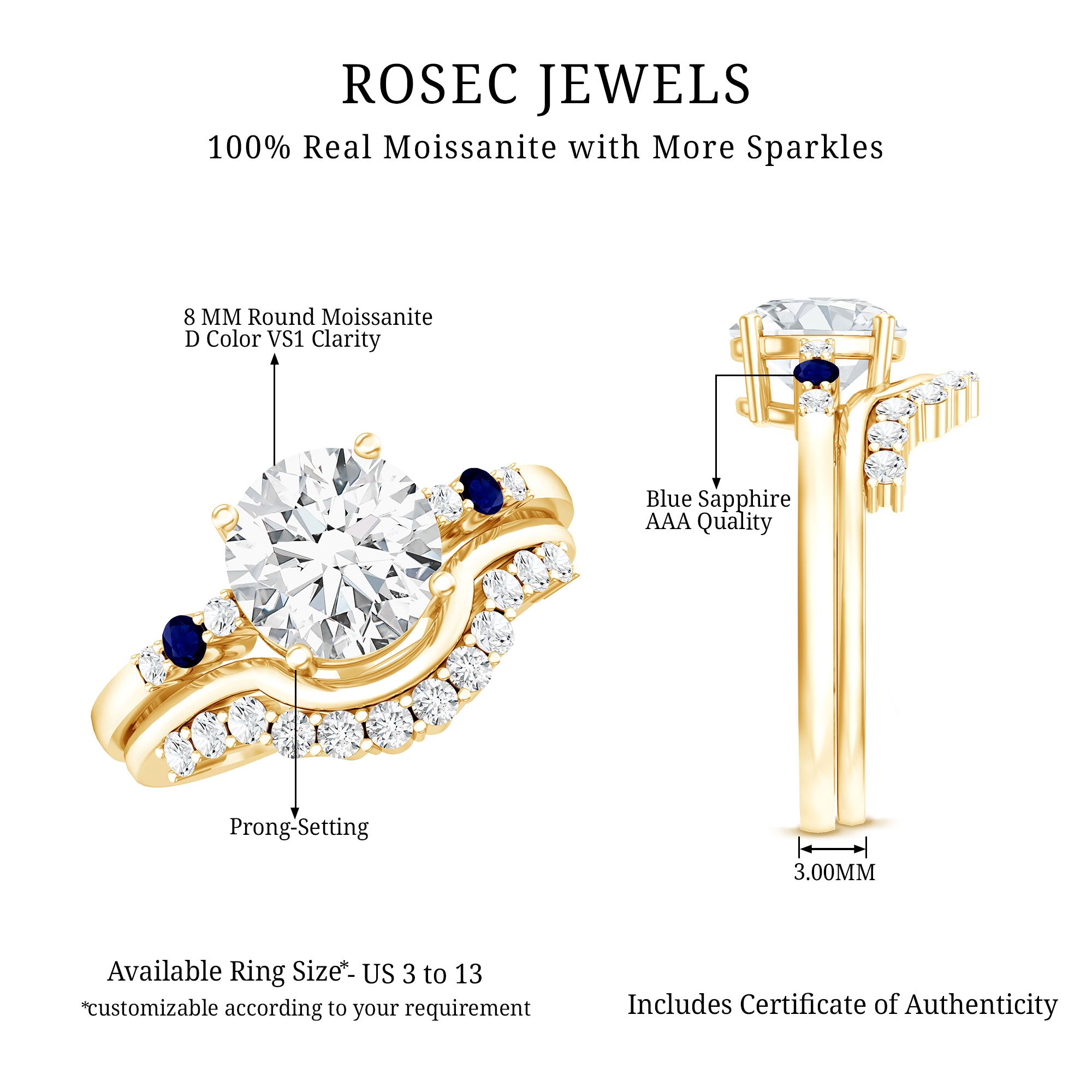 Certified 8MM Moissanite Engagement Ring With Wedding Band D-VS1 - Rosec Jewels