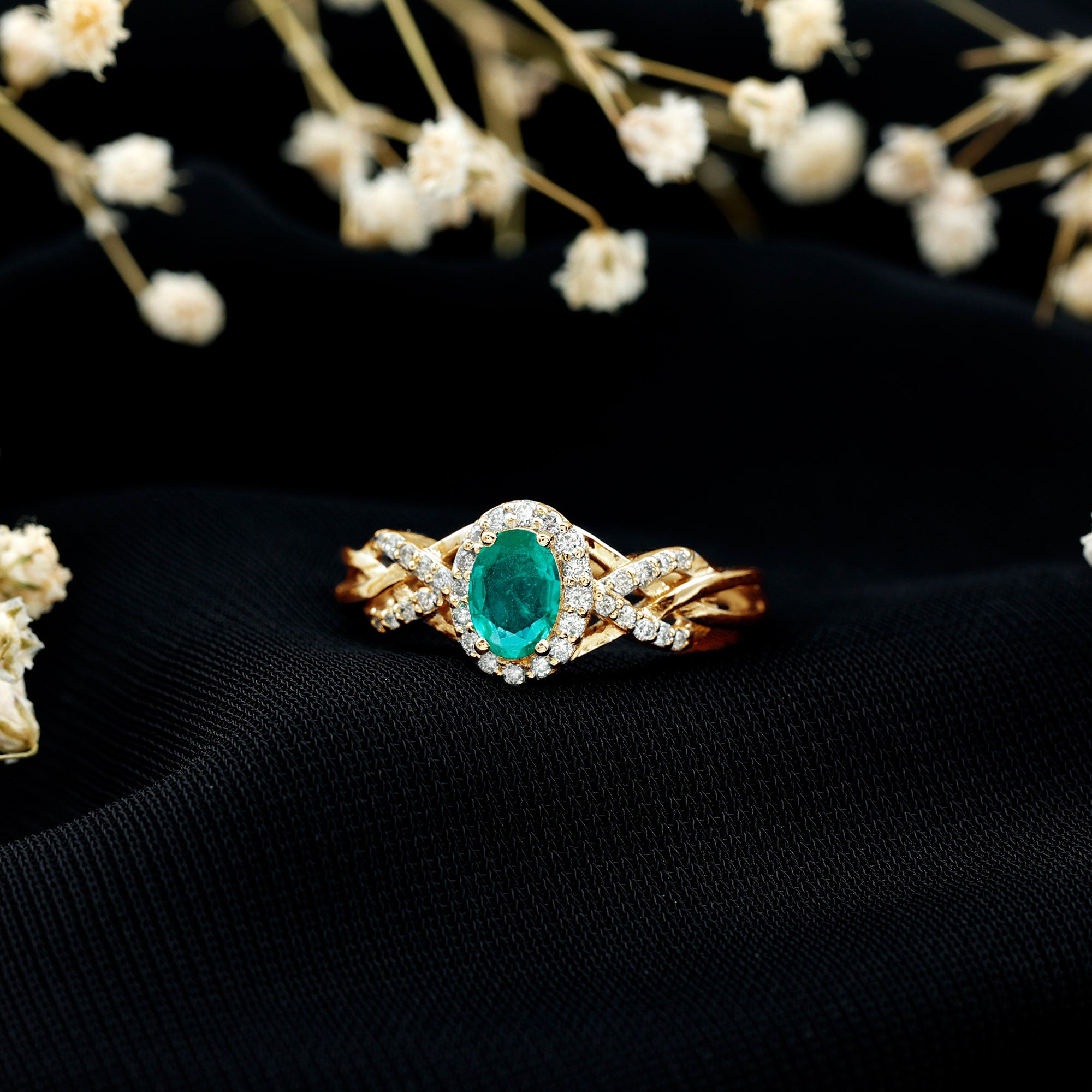 Designer Emerald Oval Engagement Ring with Diamond Halo AAA - Rosec Jewels