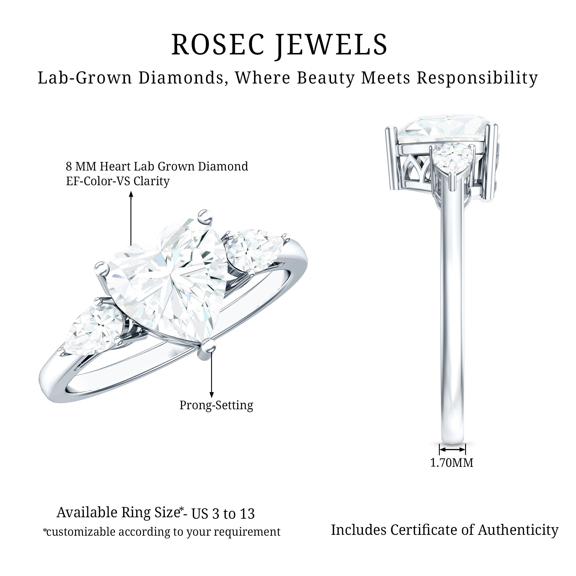 Rosec Jewels-2 Carat Lab Grown Diamond Heart Engagement Ring with Side Stones