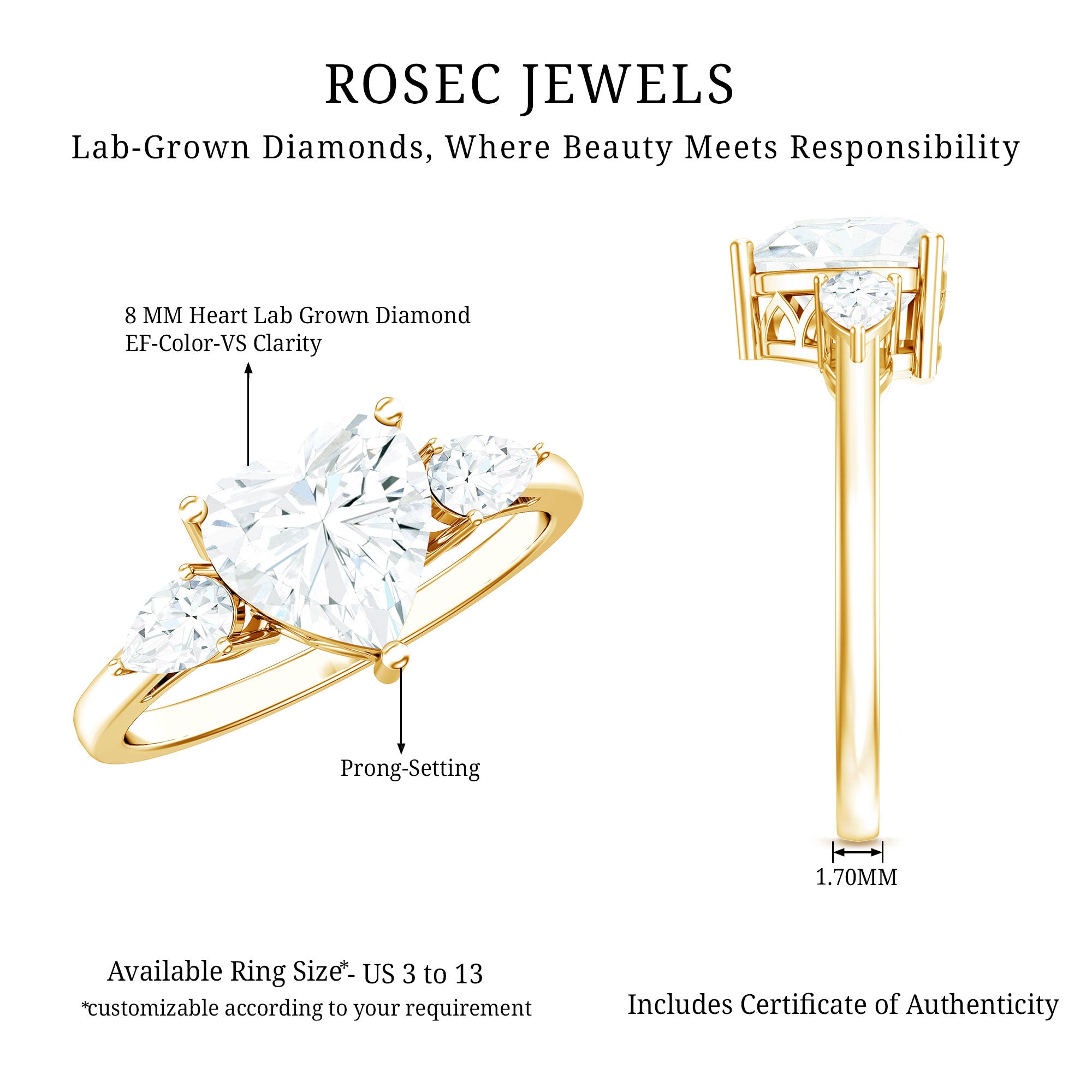 Rosec Jewels-2 Carat Lab Grown Diamond Heart Engagement Ring with Side Stones