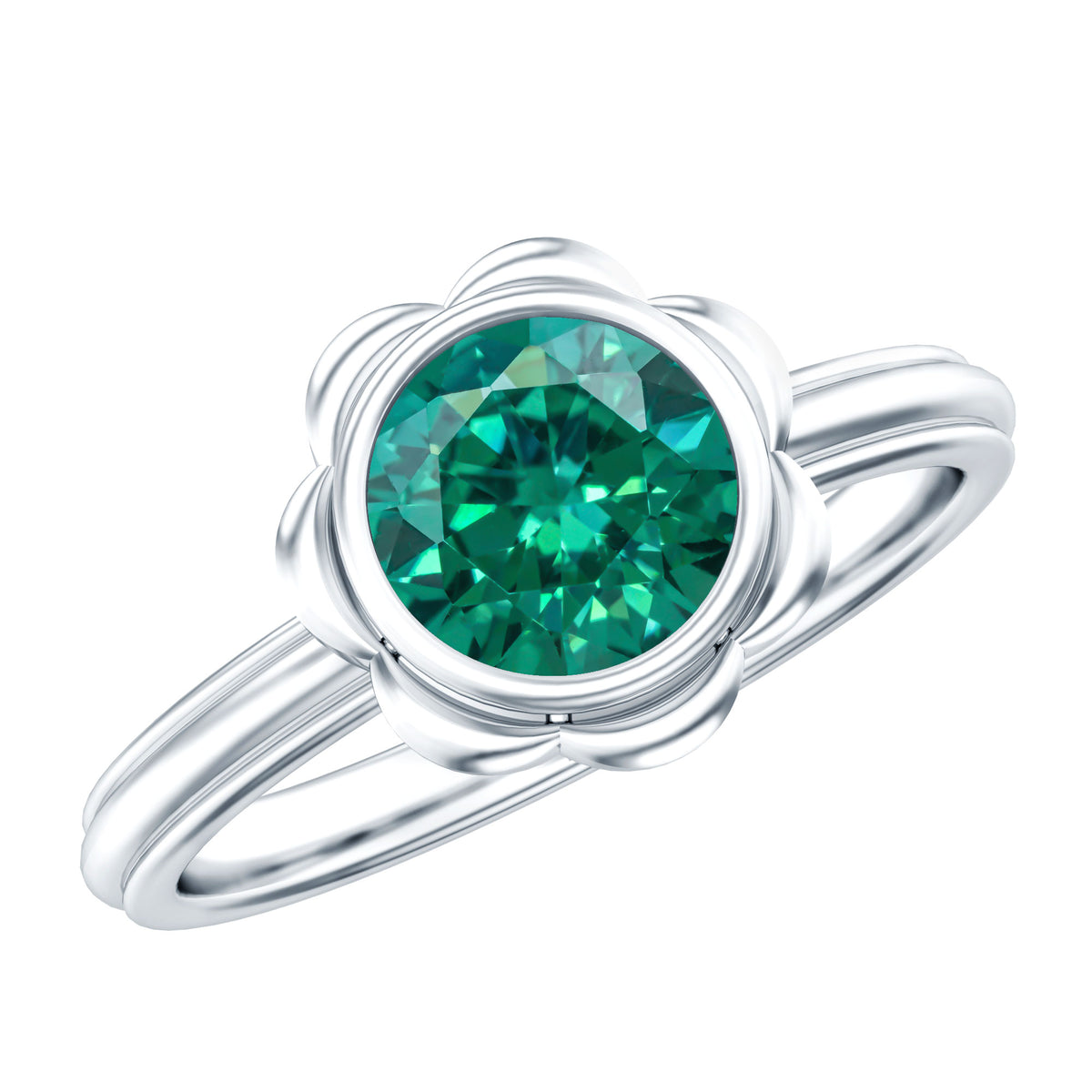 Bezel Set Lab Created Emerald Solitaire Engagement Ring AAAA - Rosec Jewels