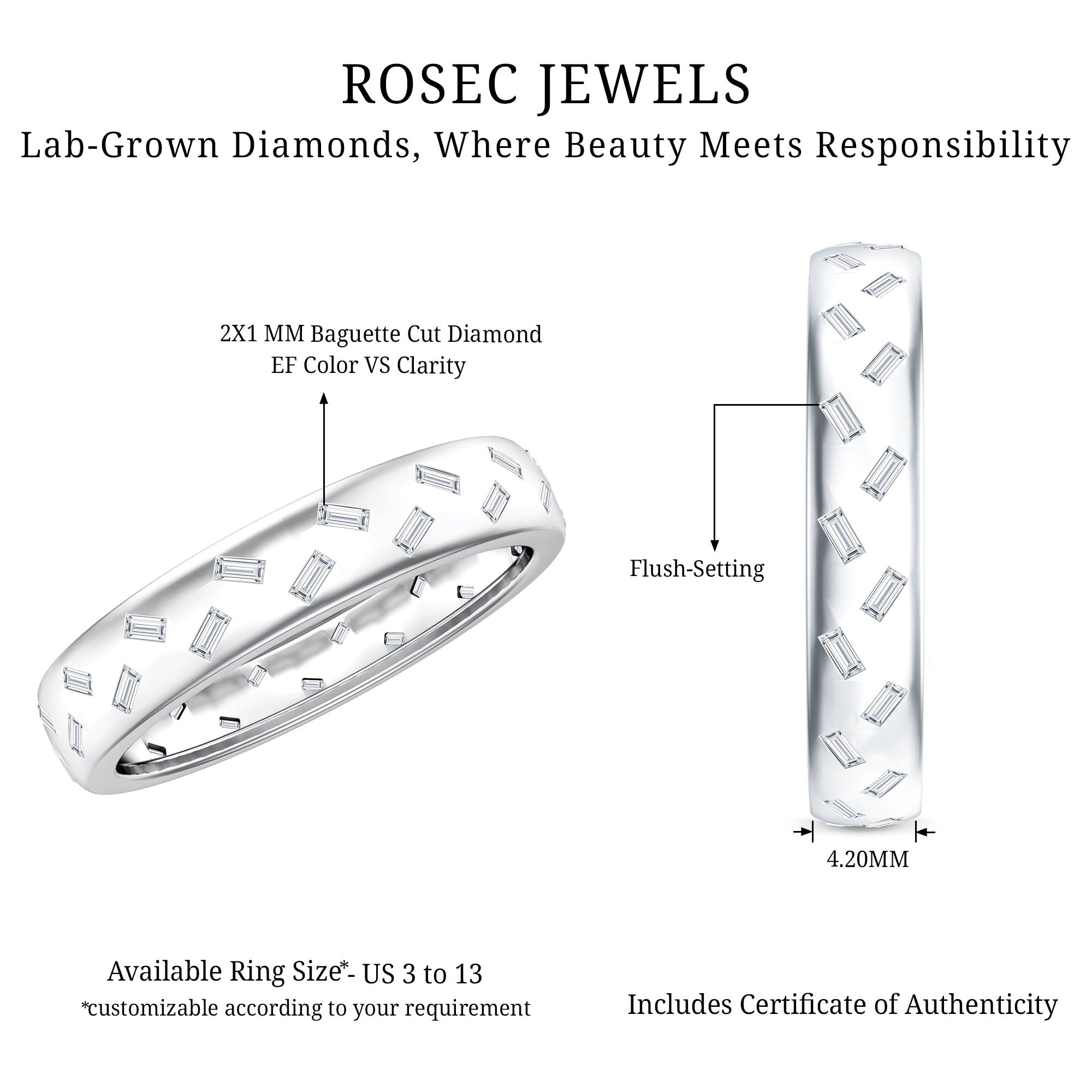 Baguette Cut Lab Grown Diamond Wedding Band With Certificate Lab - ( EF-VS ) - Rosec Jewels