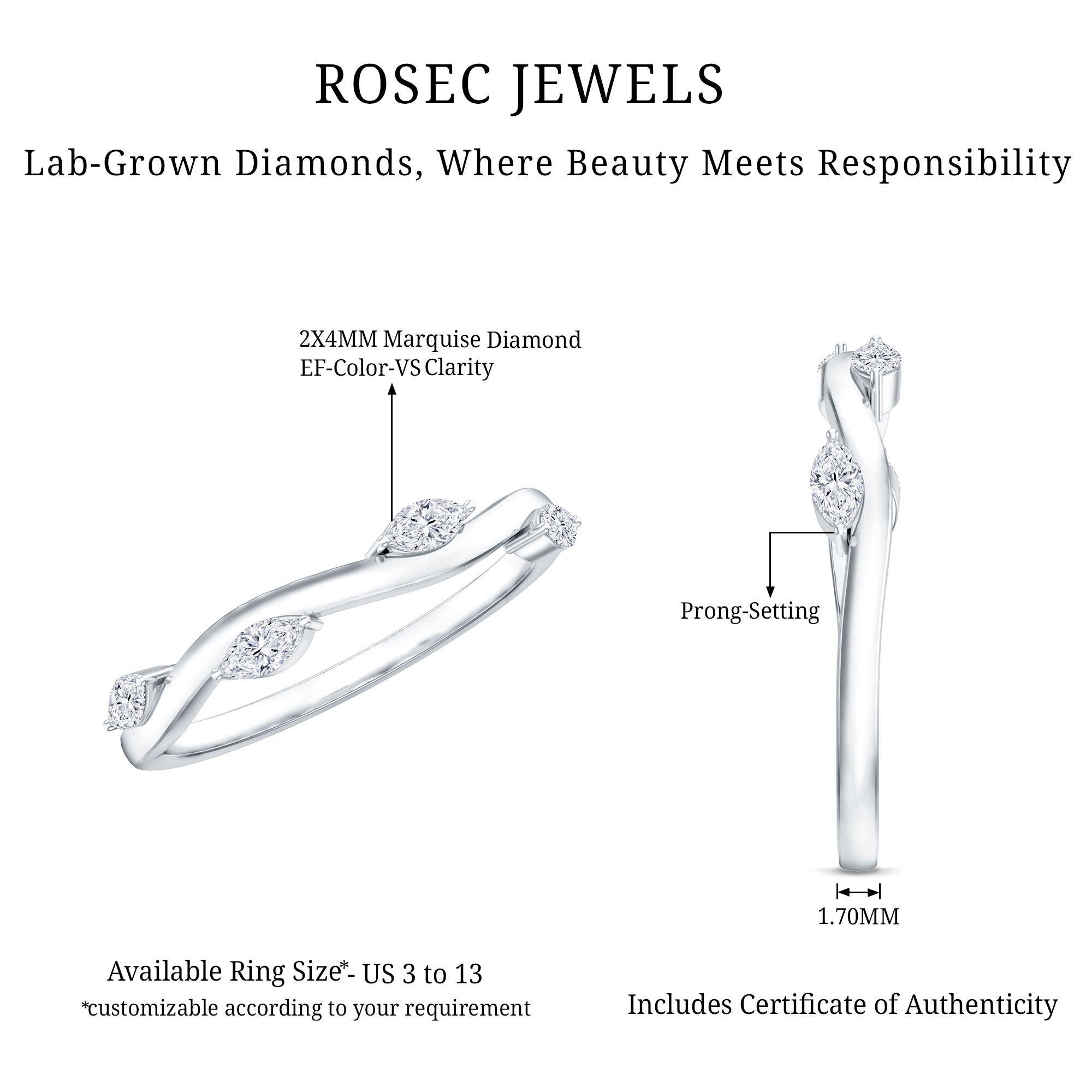 Rosec Jewels-Marquise Cut Lab Grown Diamond Wedding Band