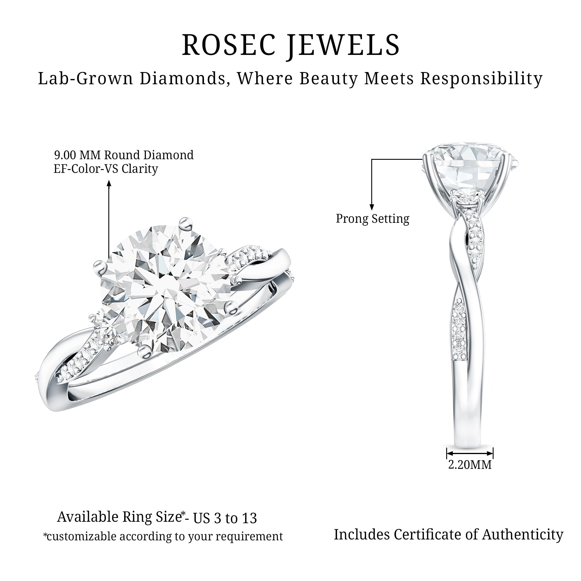 3 Carat Lab Grown Diamond Braided Engagement Ring with Certificate Lab - ( EF-VS ) - Rosec Jewels