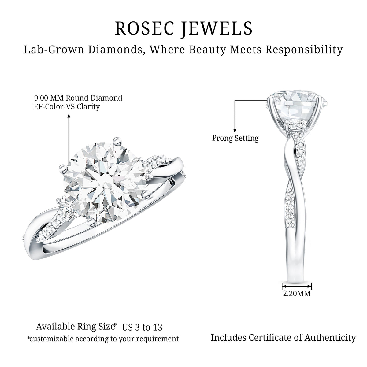 3 Carat Lab Grown Diamond Braided Engagement Ring with IGI Certificate Lab - ( E-VS1 ) - Rosec Jewels