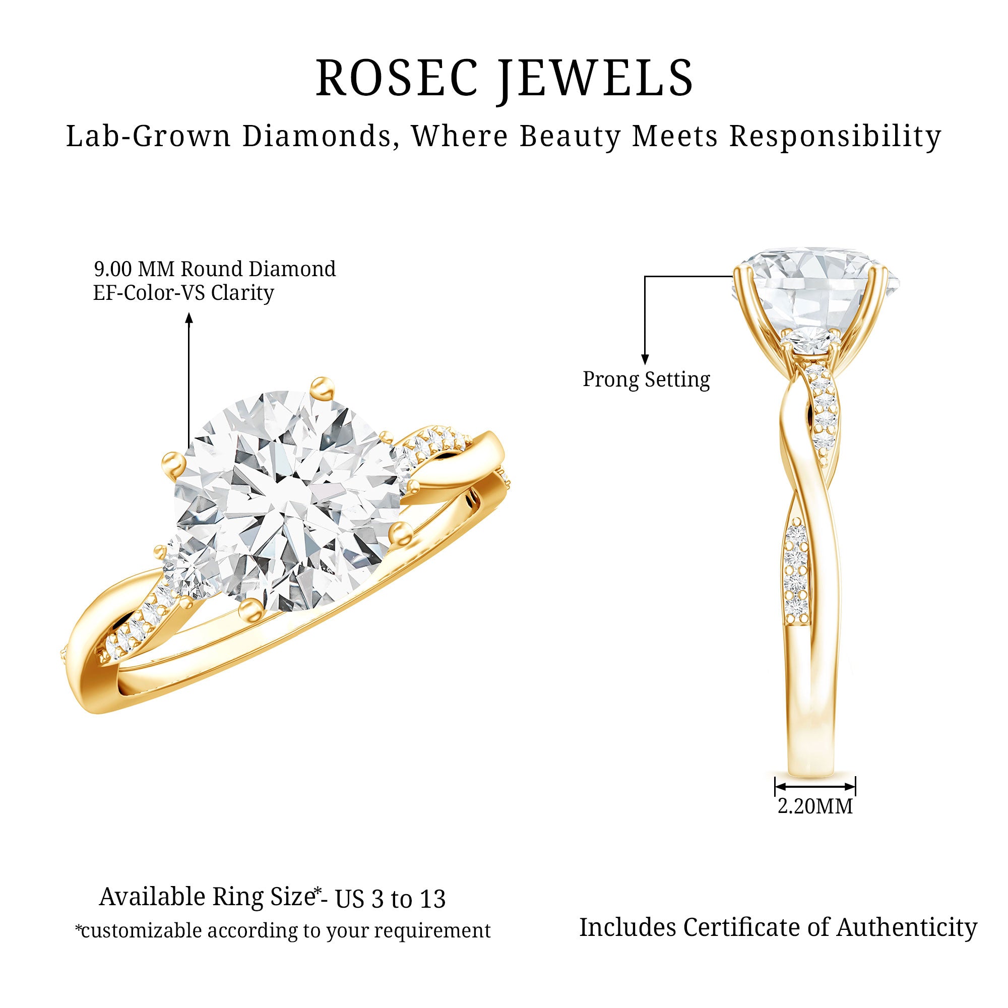 3 Carat Lab Grown Diamond Braided Engagement Ring with Certificate Lab - ( EF-VS ) - Rosec Jewels