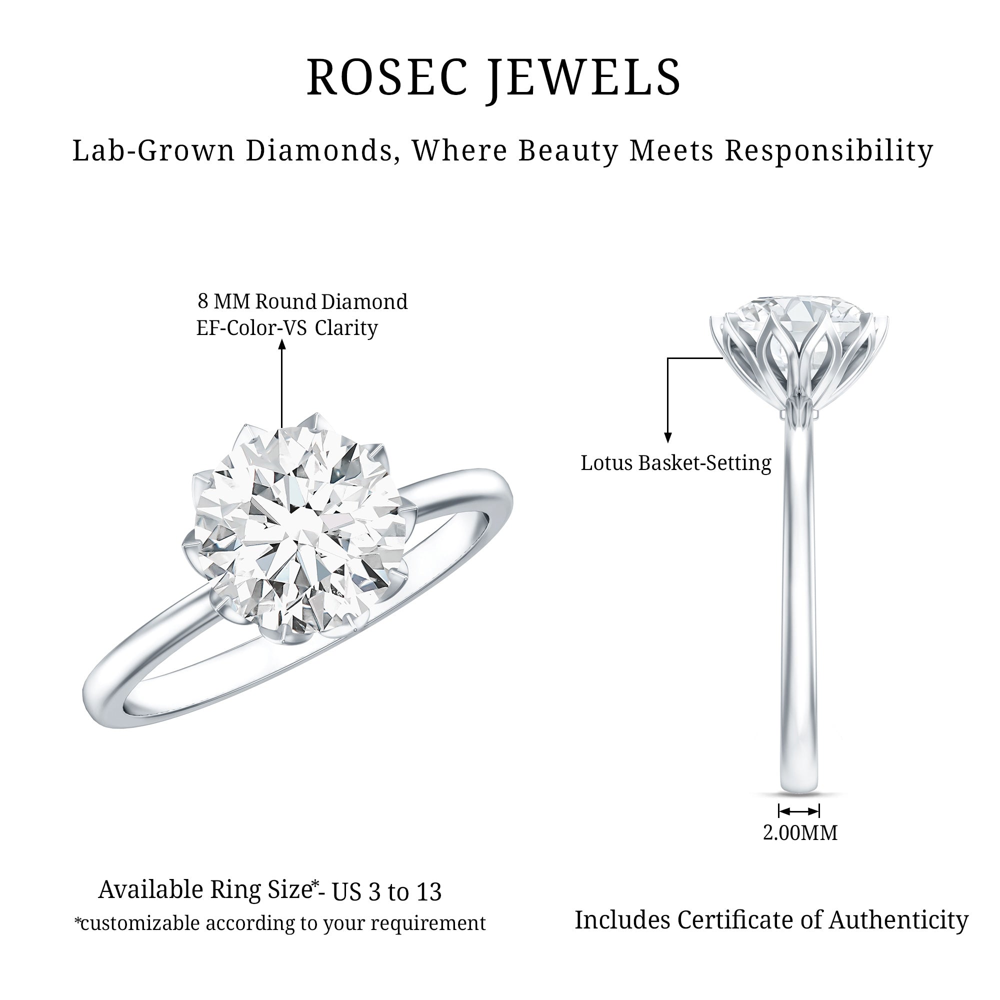 IGI Certified 2 Carat Lab Grown Diamond Lotus Engagement Ring Lab - ( E-VS1 ) - Rosec Jewels