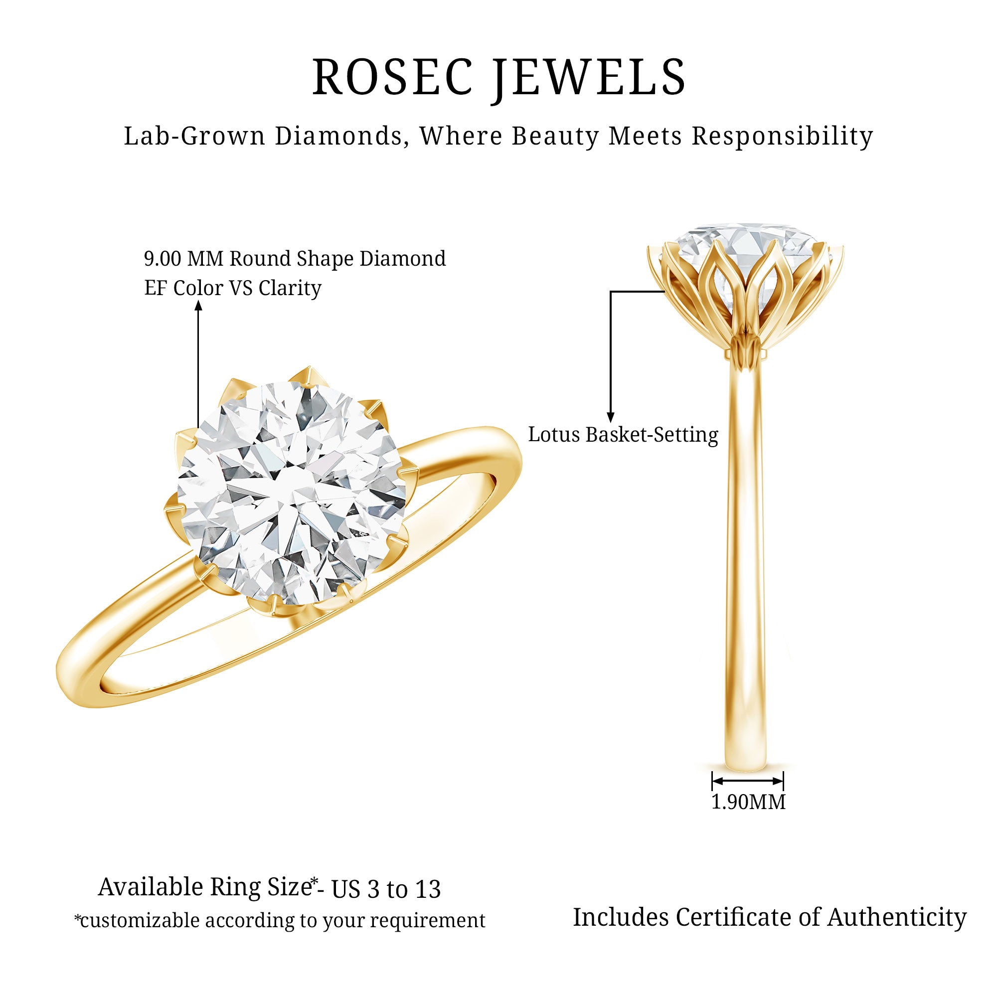 Rosec Jewels-Lotus Basket Set Lab Grown Diamond 3 Carat Engagement Ring with IGI Certificate