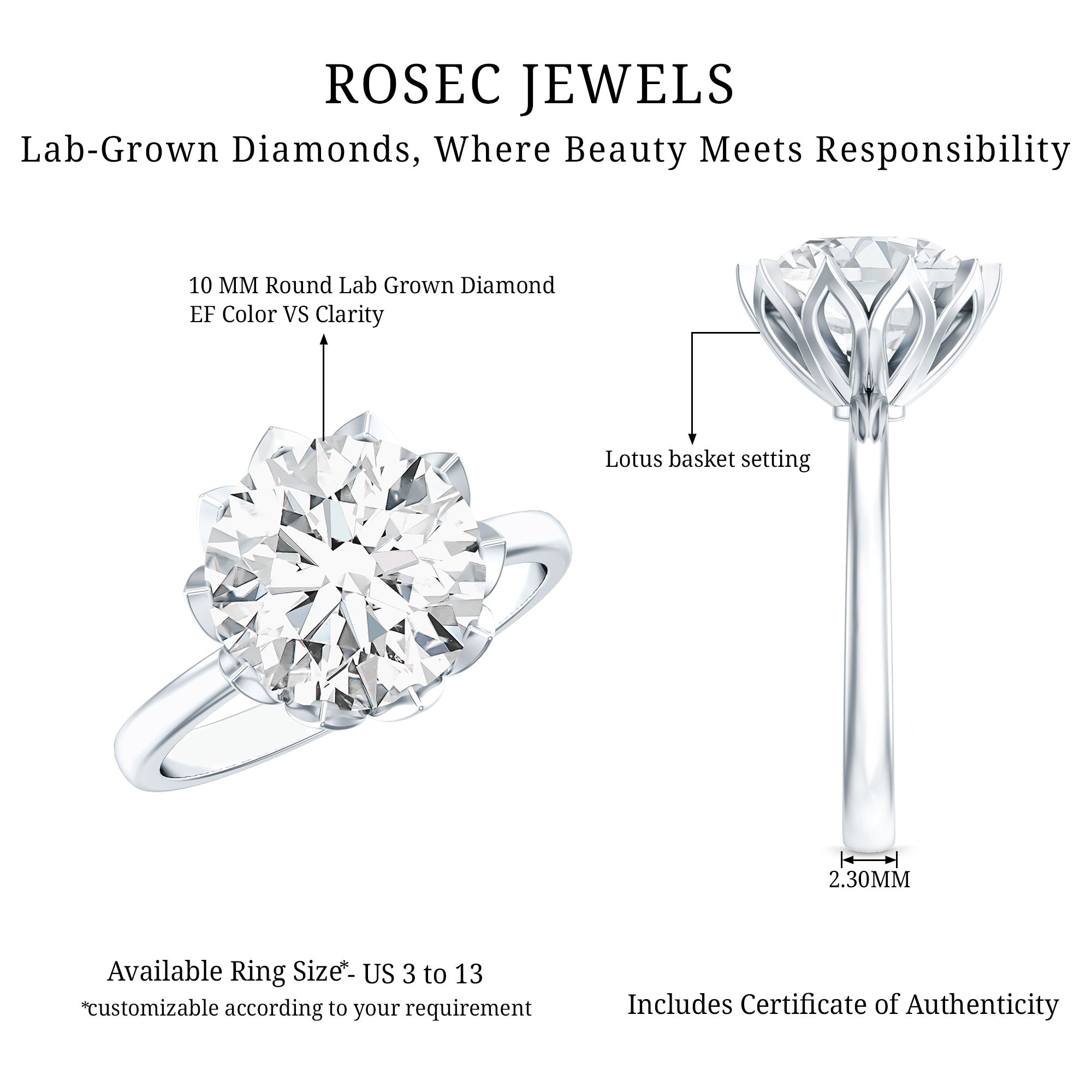 Rosec Jewels-IGI Certified 4 CT Lab Grown Diamond Lotus Engagement Ring