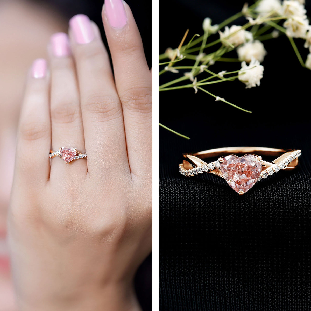 IGI Certified 1 CT Heart Shaped Lab Grown Pink Diamond Infinity Engagement Ring Fancy Pink - VS1 - Rosec Jewels