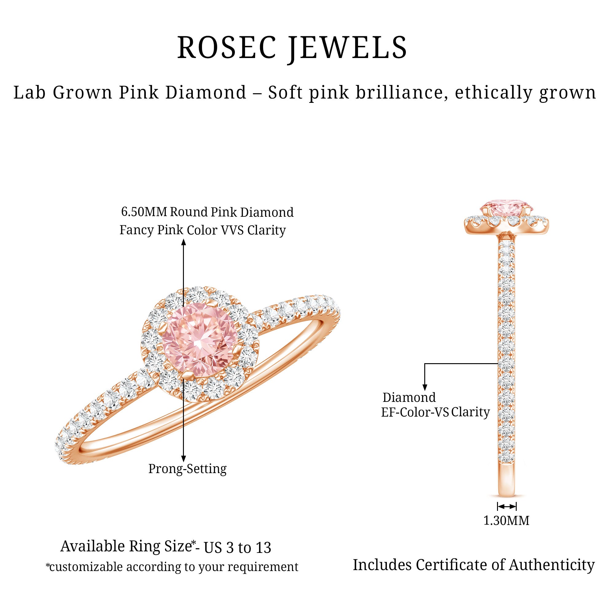 Lab Grown Pink White Diamond Halo Engagement Ring with IGI Certificate E-VS1 - Rosec Jewels