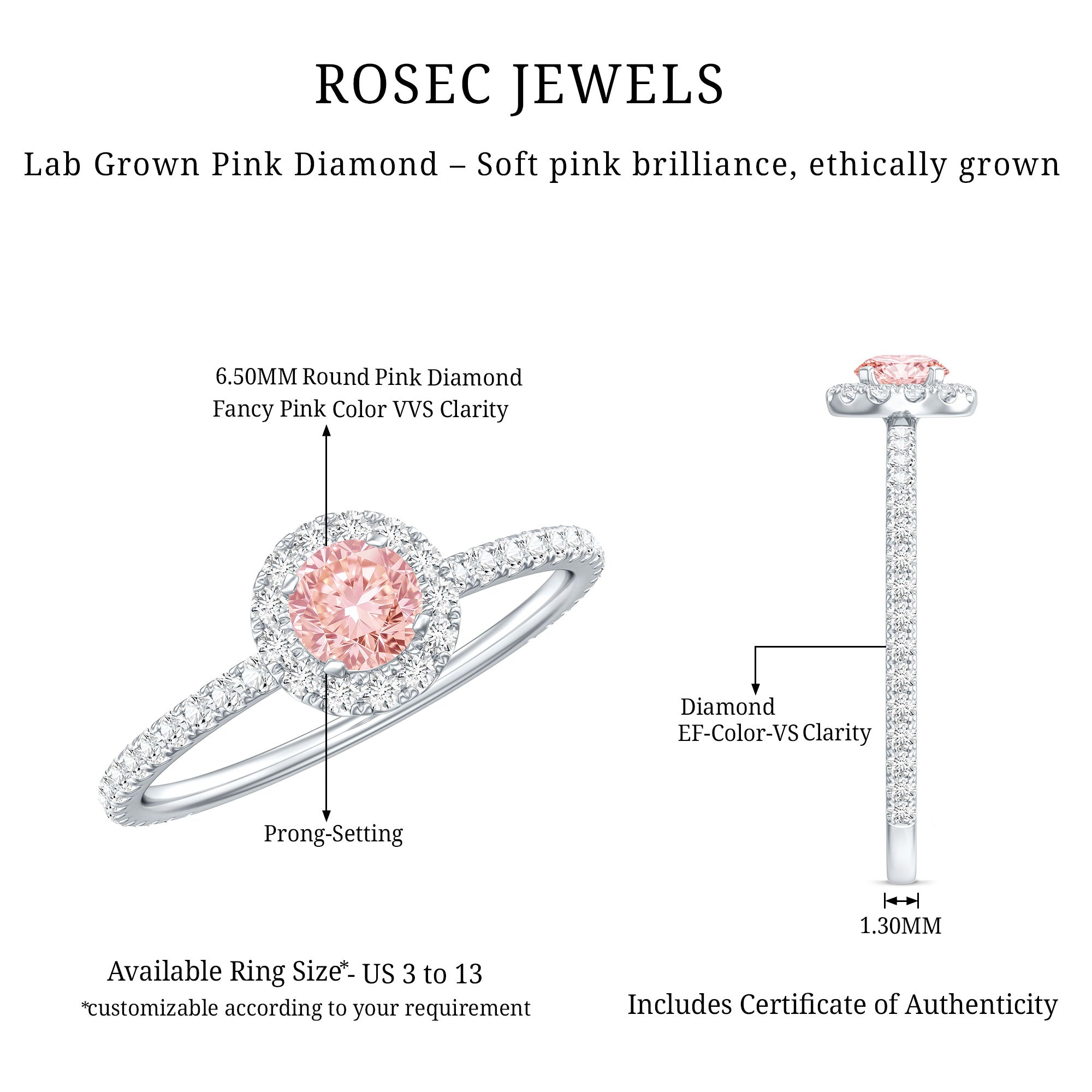 Lab Grown Pink White Diamond Halo Engagement Ring with IGI Certificate E-VS1 - Rosec Jewels