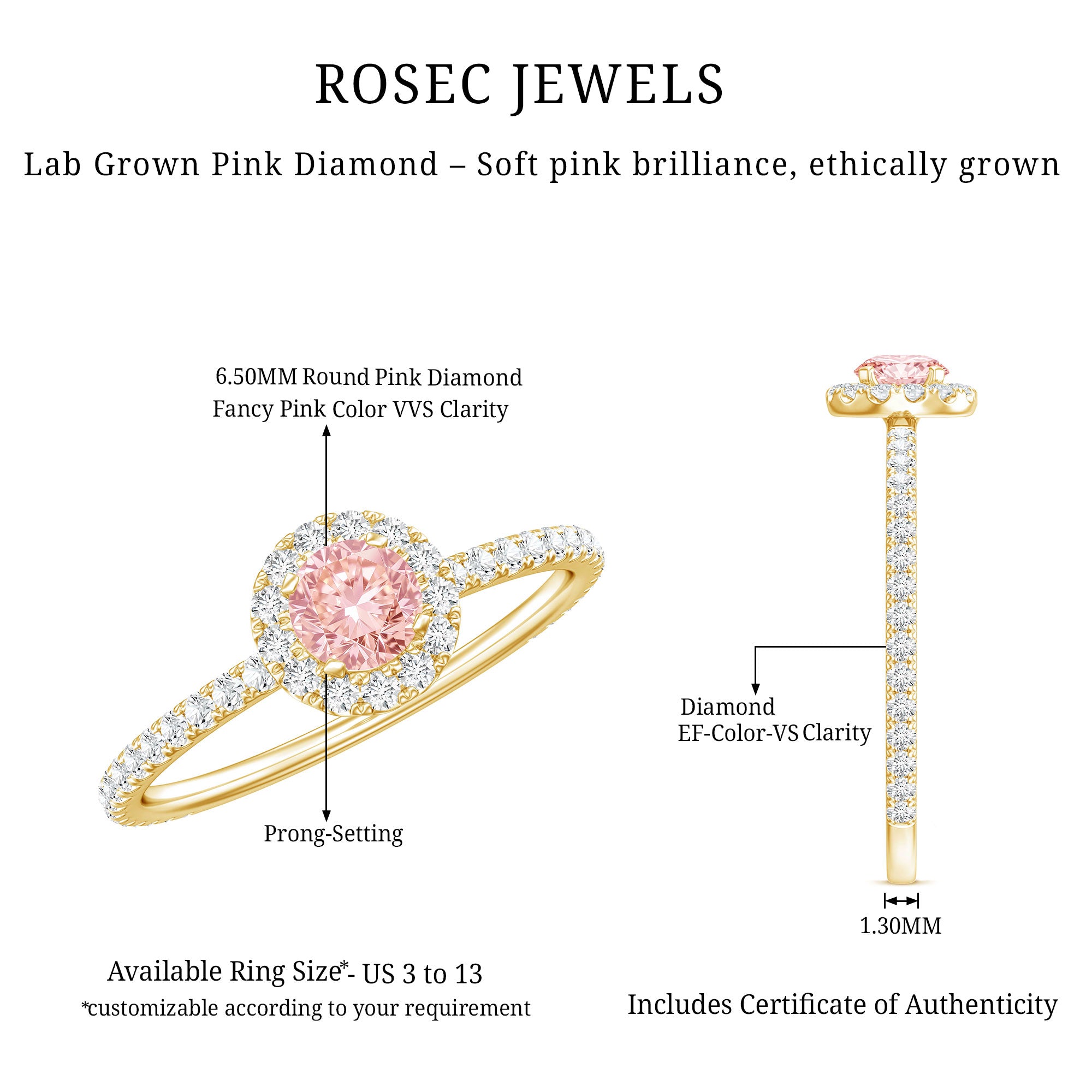 Lab Grown Pink White Diamond Halo Engagement Ring with IGI Certificate E-VS1 - Rosec Jewels