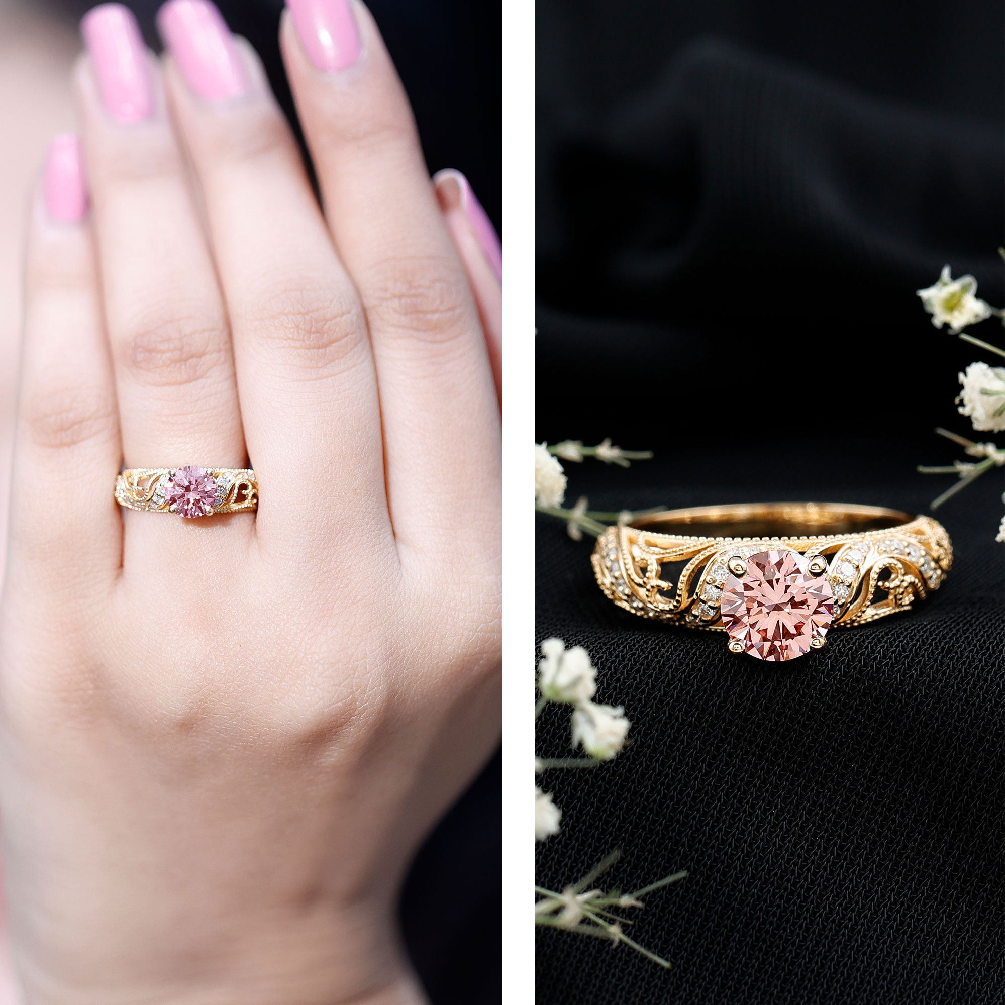 Lab Grown Pink Diamond Vintage Inspired Engagement Ring IGI Certified Fancy Pink - VS1 - Rosec Jewels