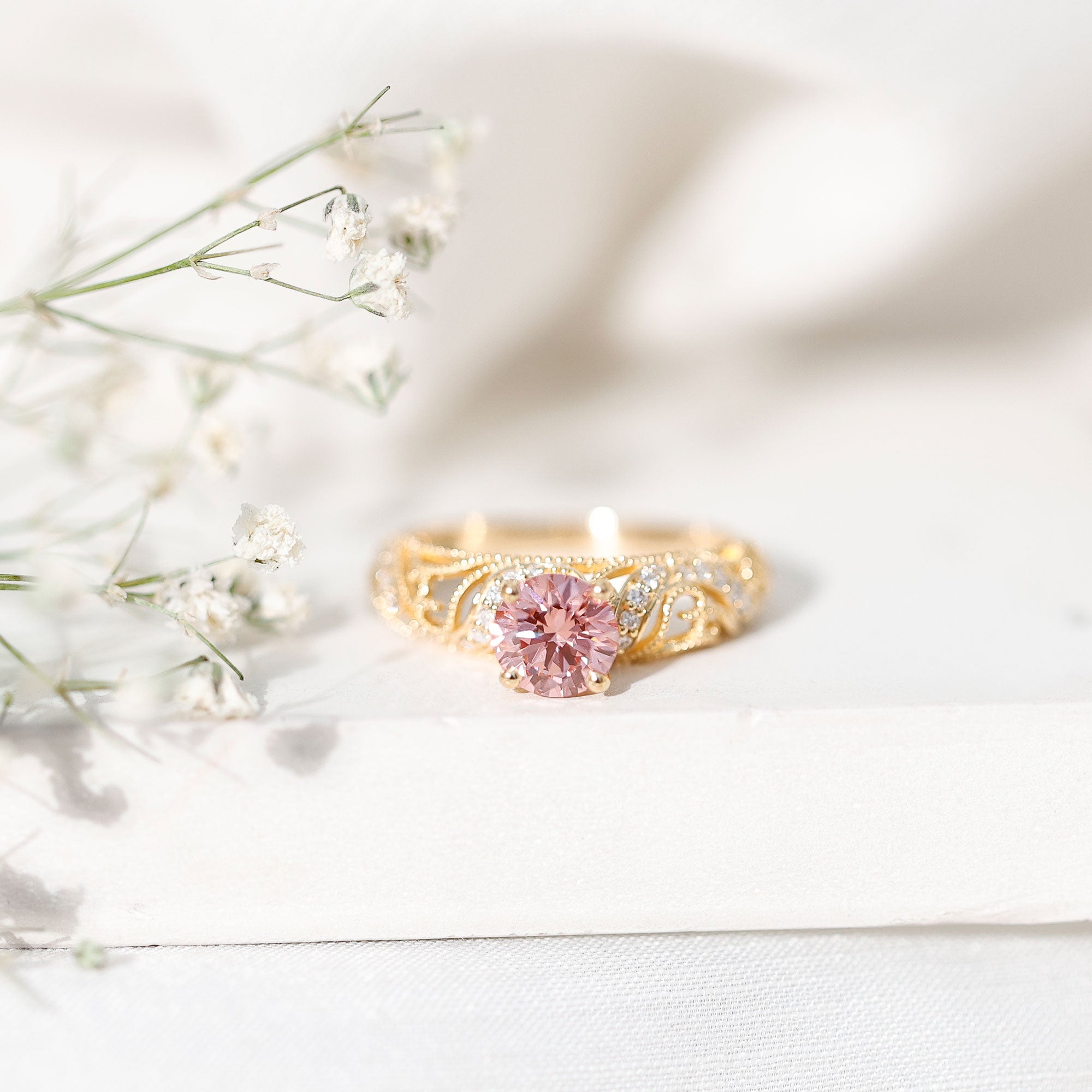 Lab Grown Pink Diamond Vintage Inspired Engagement Ring IGI Certified Fancy Pink - VS1 - Rosec Jewels