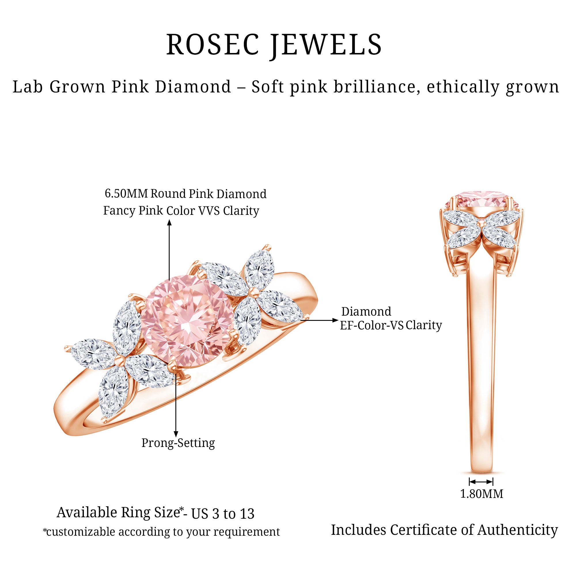 Rosec Jewels-Lab Grown Pink White Diamond Flower Engagement Ring