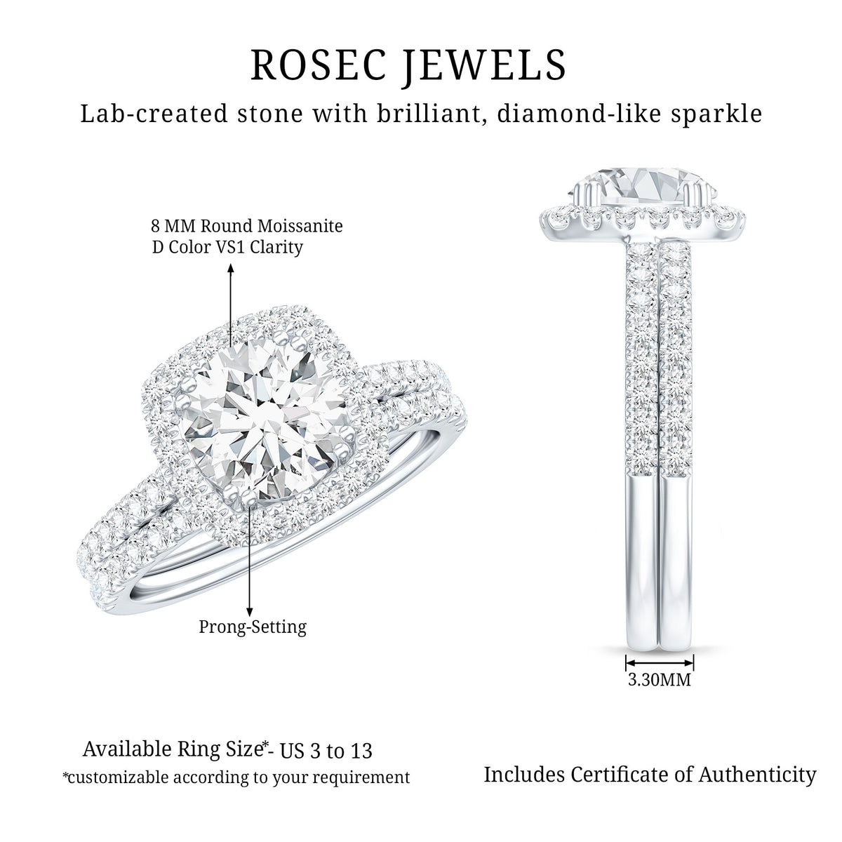 Round Certified Moissanite Wedding Ring Set with Halo D-VS1 - Rosec Jewels