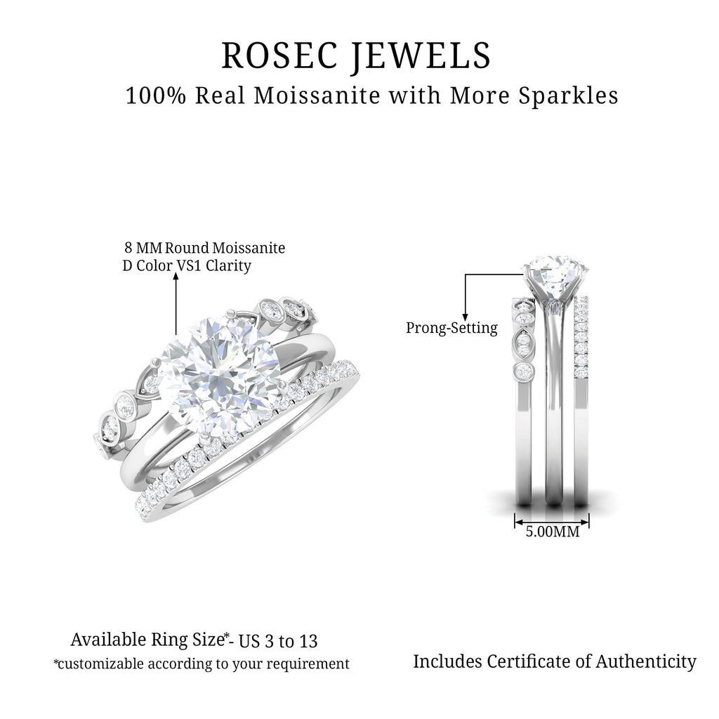 Round shape Solitaire Moissanite Trio Wedding Ring Set Moissanite - ( D-VS1 ) - Color and Clarity - Rosec Jewels