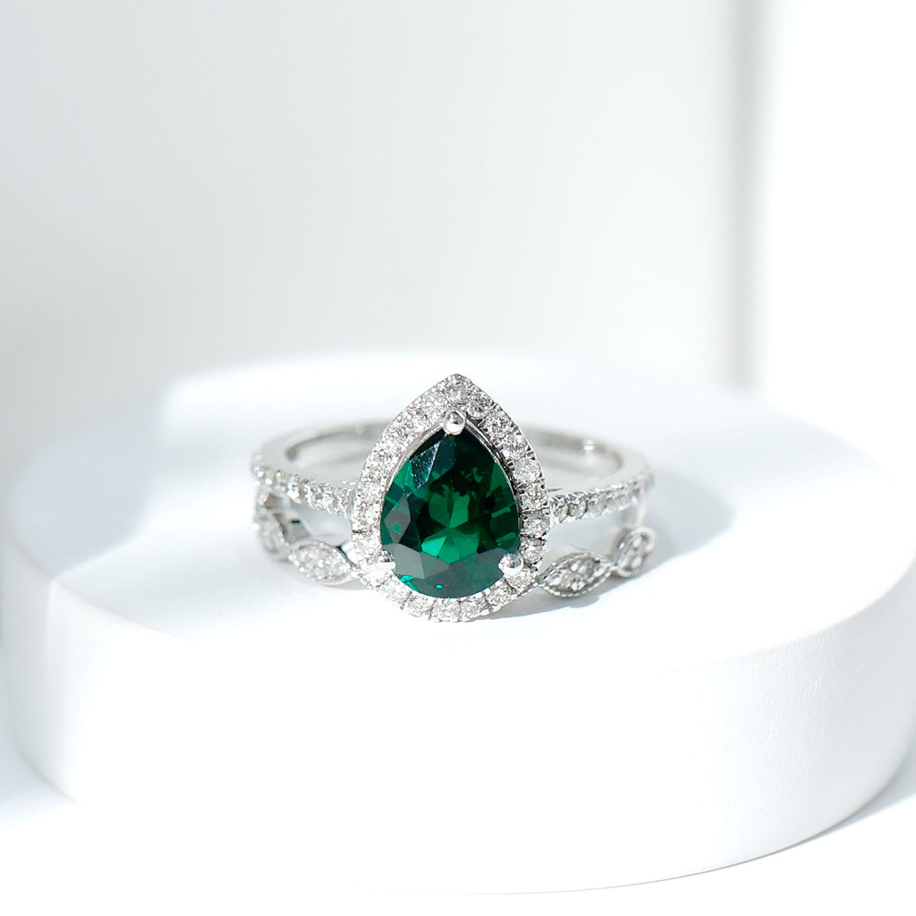 2.25 CT Created Emerald Teardrop Solitaire Ring Set with Diamond Lab Created Emerald - ( AAAA ) - Quality - Rosec Jewels