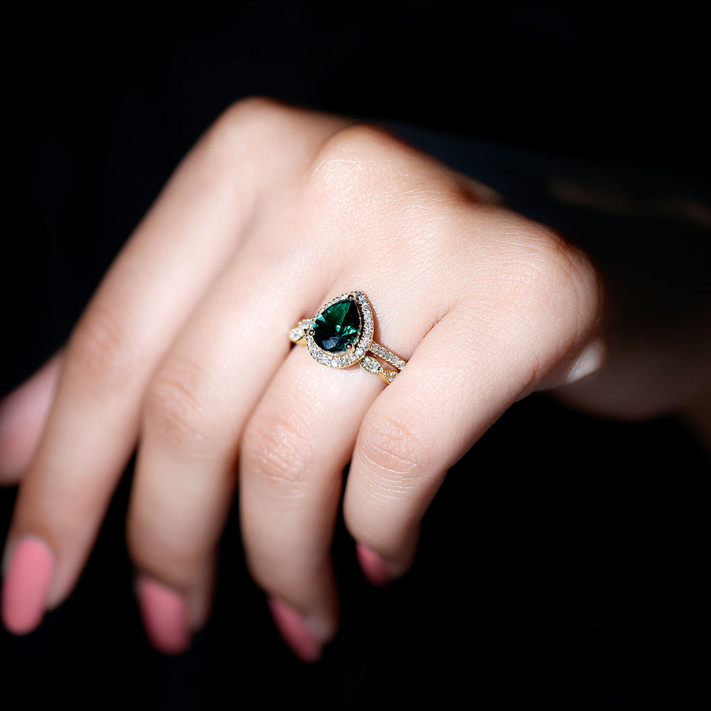2.25 CT Created Emerald Teardrop Solitaire Ring Set with Diamond Lab Created Emerald - ( AAAA ) - Quality - Rosec Jewels