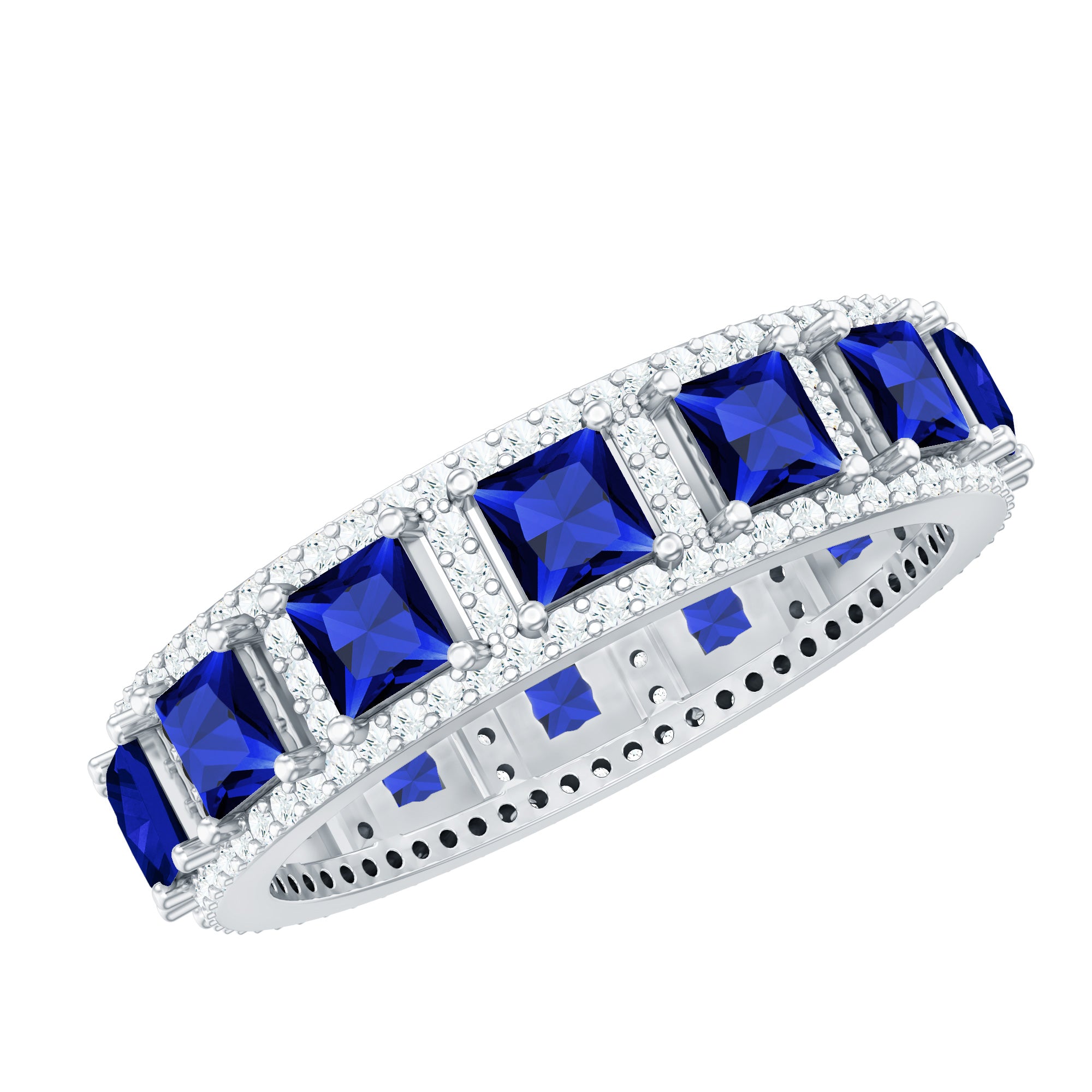 Lab Grown Blue Sapphire Wedding Band with Moissanite Accent